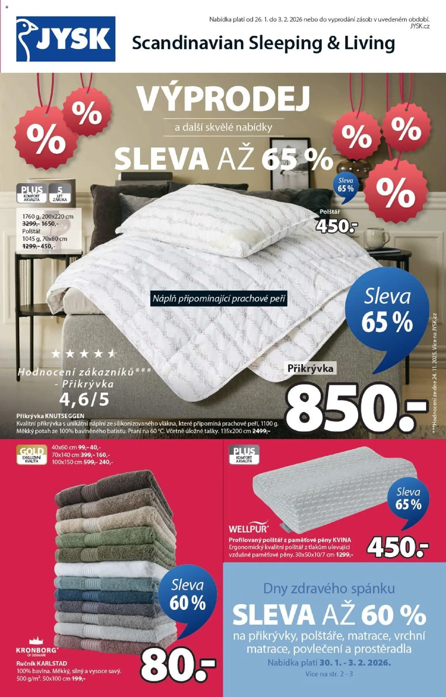JYSK leták - Sleva od 26.01.2026 | Strana: 1 | Produkty: Ručník, Povlečení, Polštář, Přikrývka