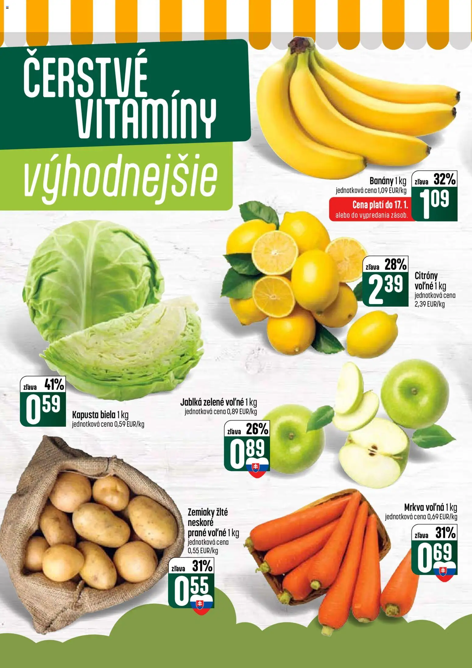 Nové COOP Jednota akcie – leták je platný od 15.01.2026 | Strana: 2 | Produkty: Jablká, Banány, Kapusta biela, Zemiaky