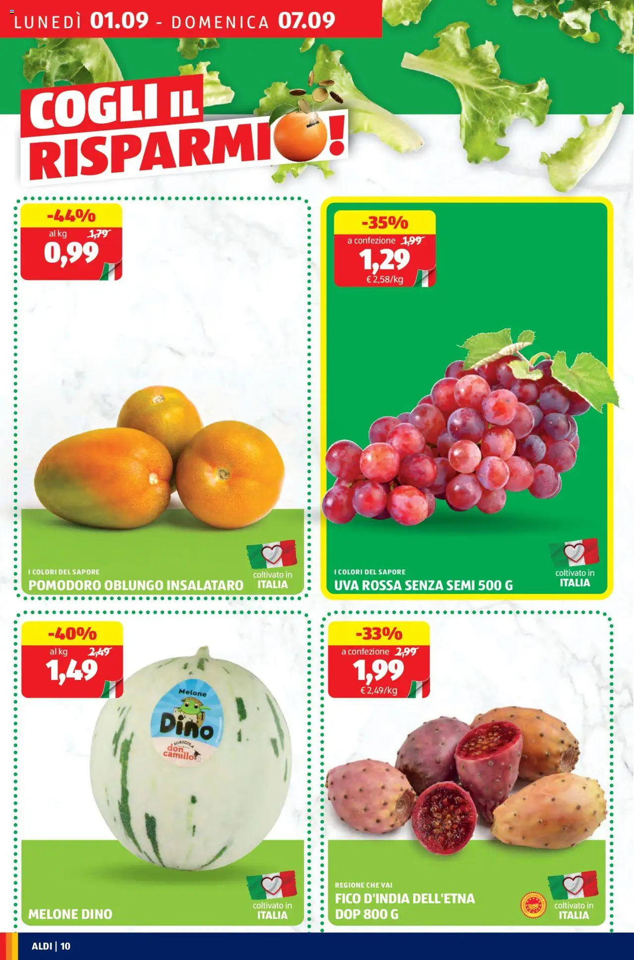 Volantino Aldi del 01.09.2025 | Pagina: 10 | Prodotti: Pomodoro, Uva, Melone