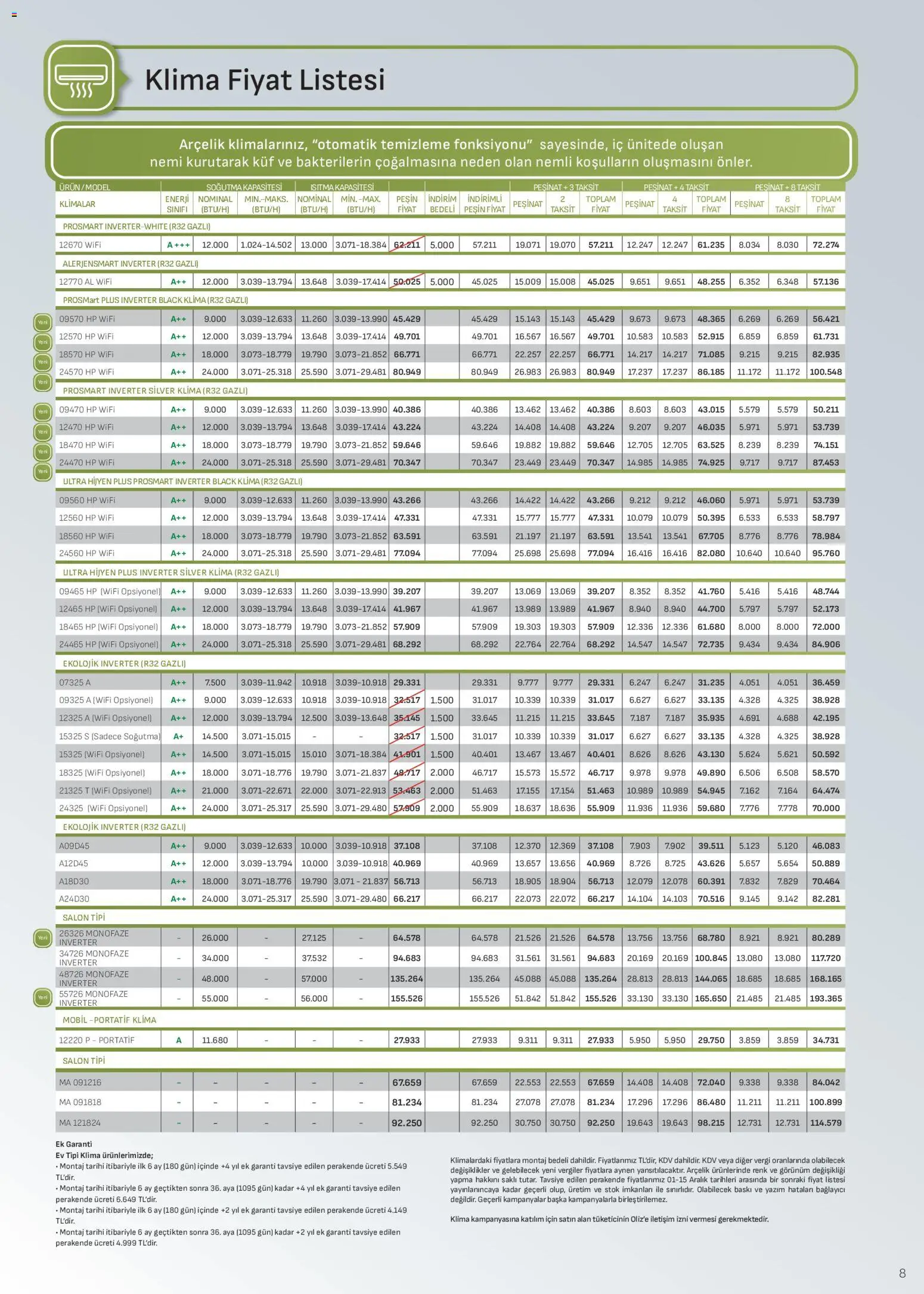 Arçelik İklimlendirme Kataloğu - 16.12.2025 tarihinden itibaren geçerlidir | Sayfa: 8 | Ürünler: Baskı, Bağlayıcı, Klima