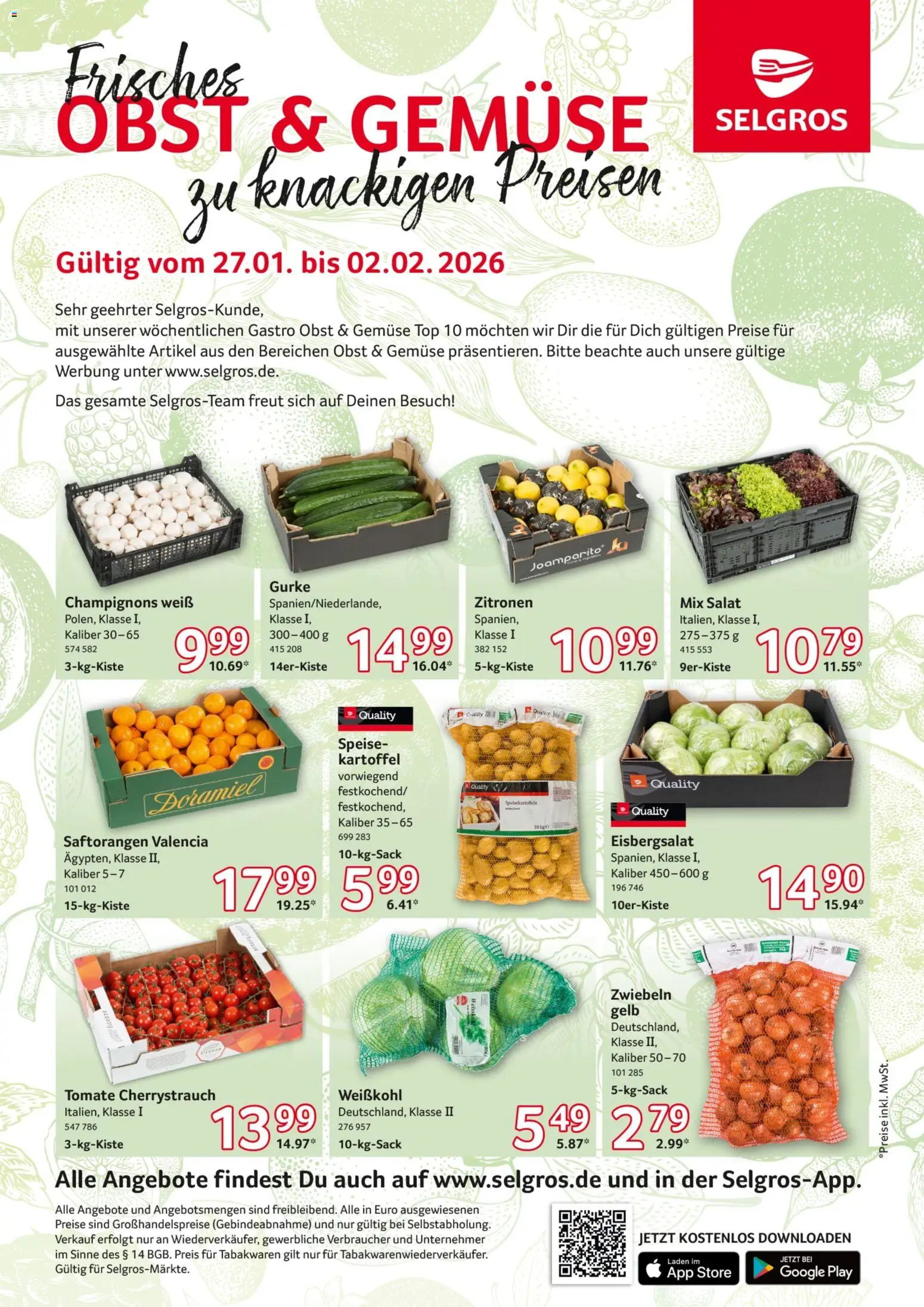 Selgros Frischeangebot – gültig ab 27.01.2026 | Seite: 1 | Produkte: Zwiebeln, Gemüse, Obst, Zitronen