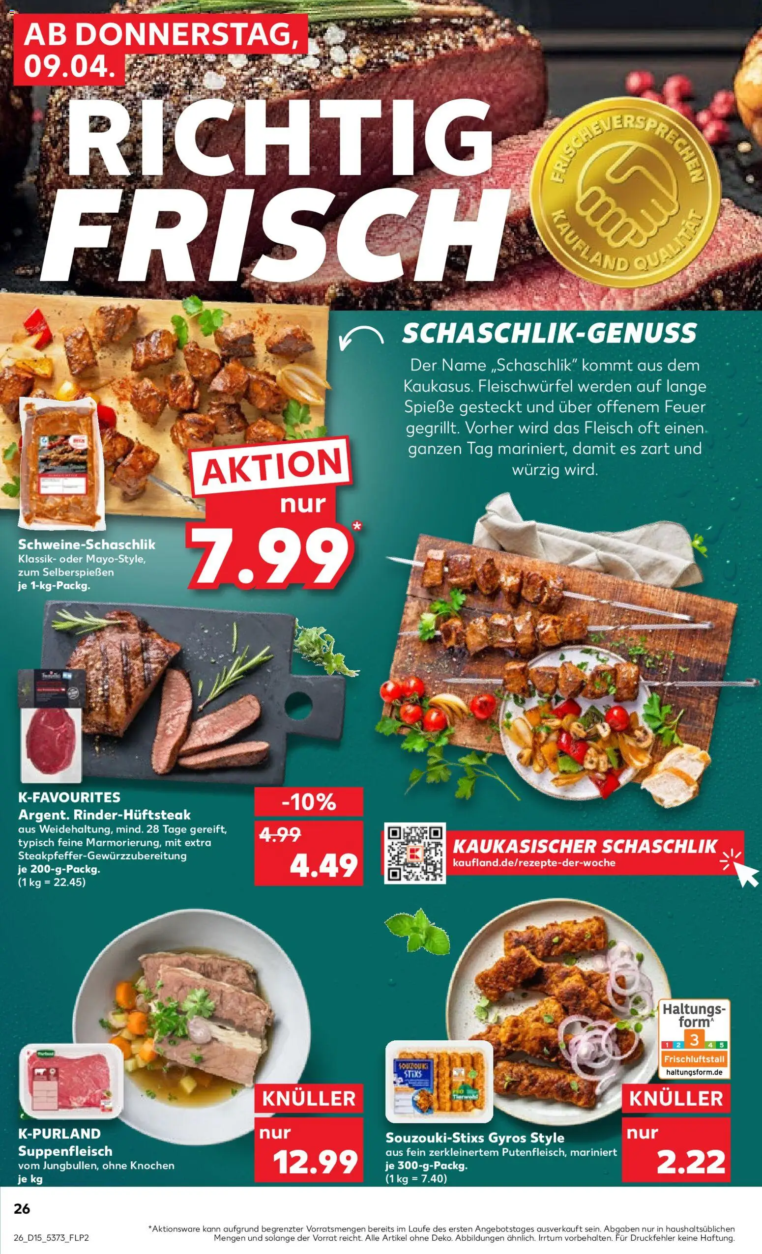 Kaufland Prospekt Kiel	 – gültig ab 09.04.2026 | Seite: 26 | Produkte: Spieße, Gyros, Steak, Fleisch