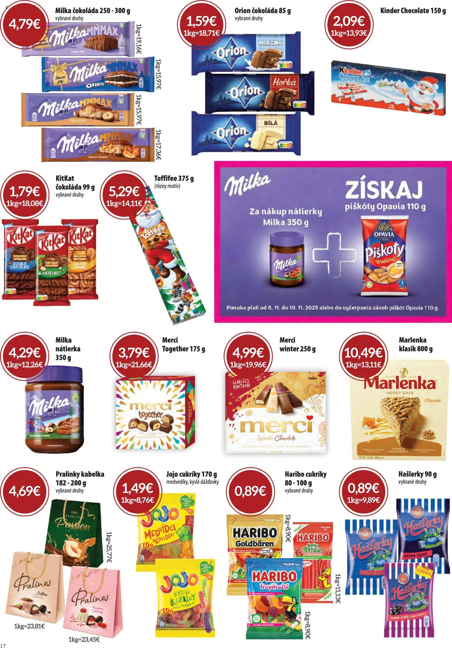 Nové CBA Komfos akcie – leták je platný od 06.11.2025 | Strana: 17 | Produkty: Merci, Toffifee, Cukríky, Kabelka
