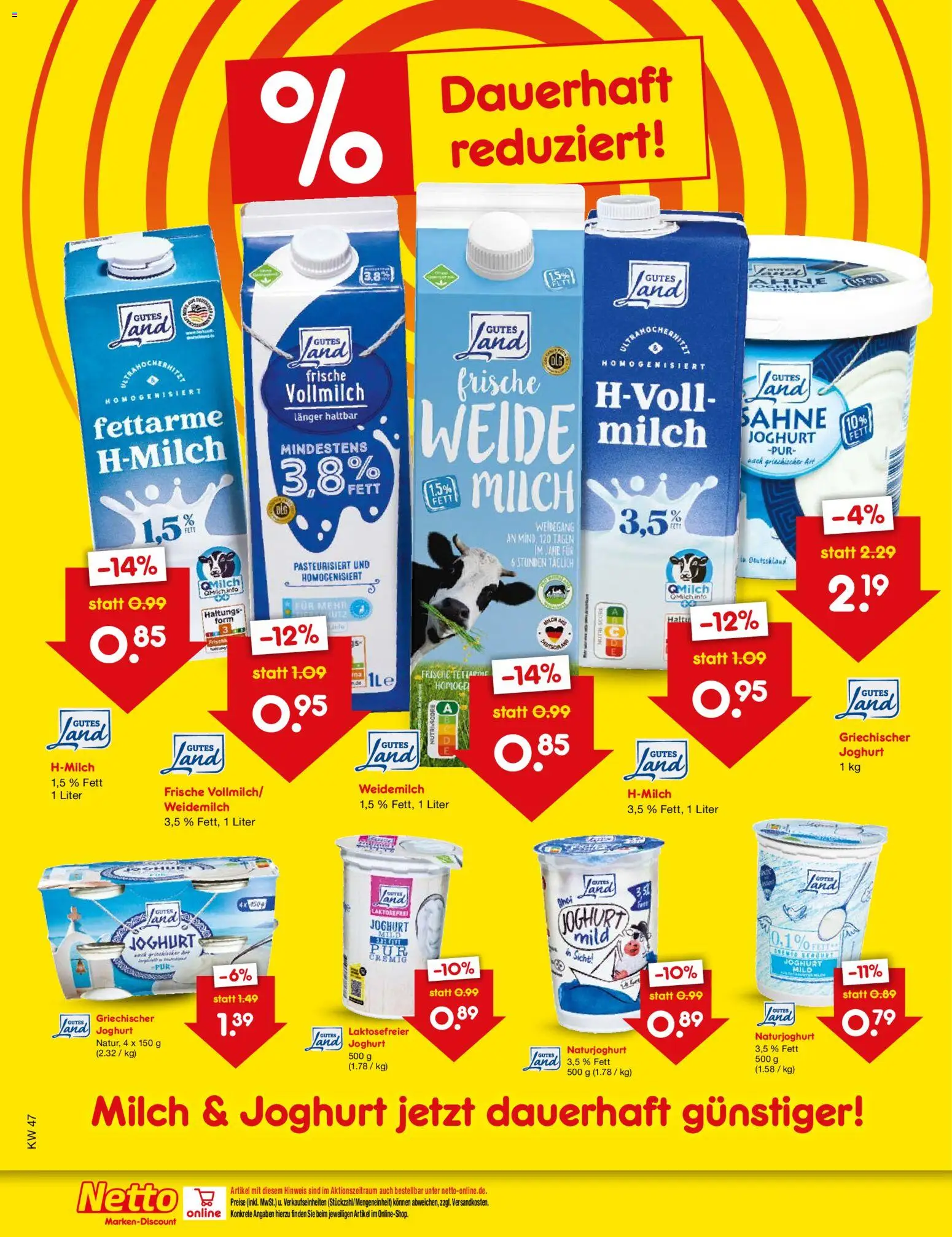 Netto Marken-Discount Preissenkung auf Dauer – gültig ab 18.11.2025 | Seite: 1 | Produkte: Milch, Joghurt, Sahne