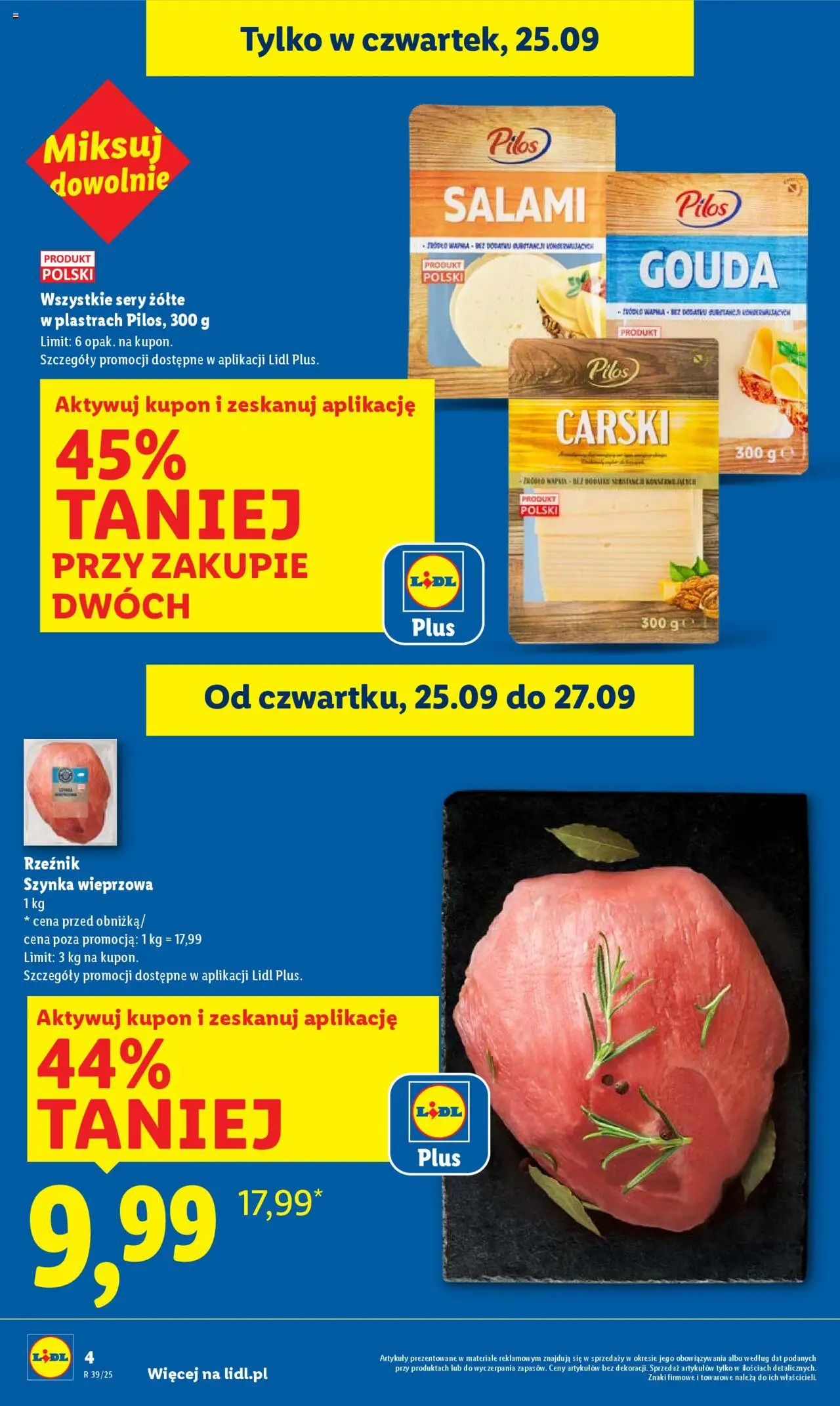 Lidl Gazetka od 25.09.2025 | Strona: 4 | Produkty: Szynka wieprzowa, Szynka, Sery, Salami