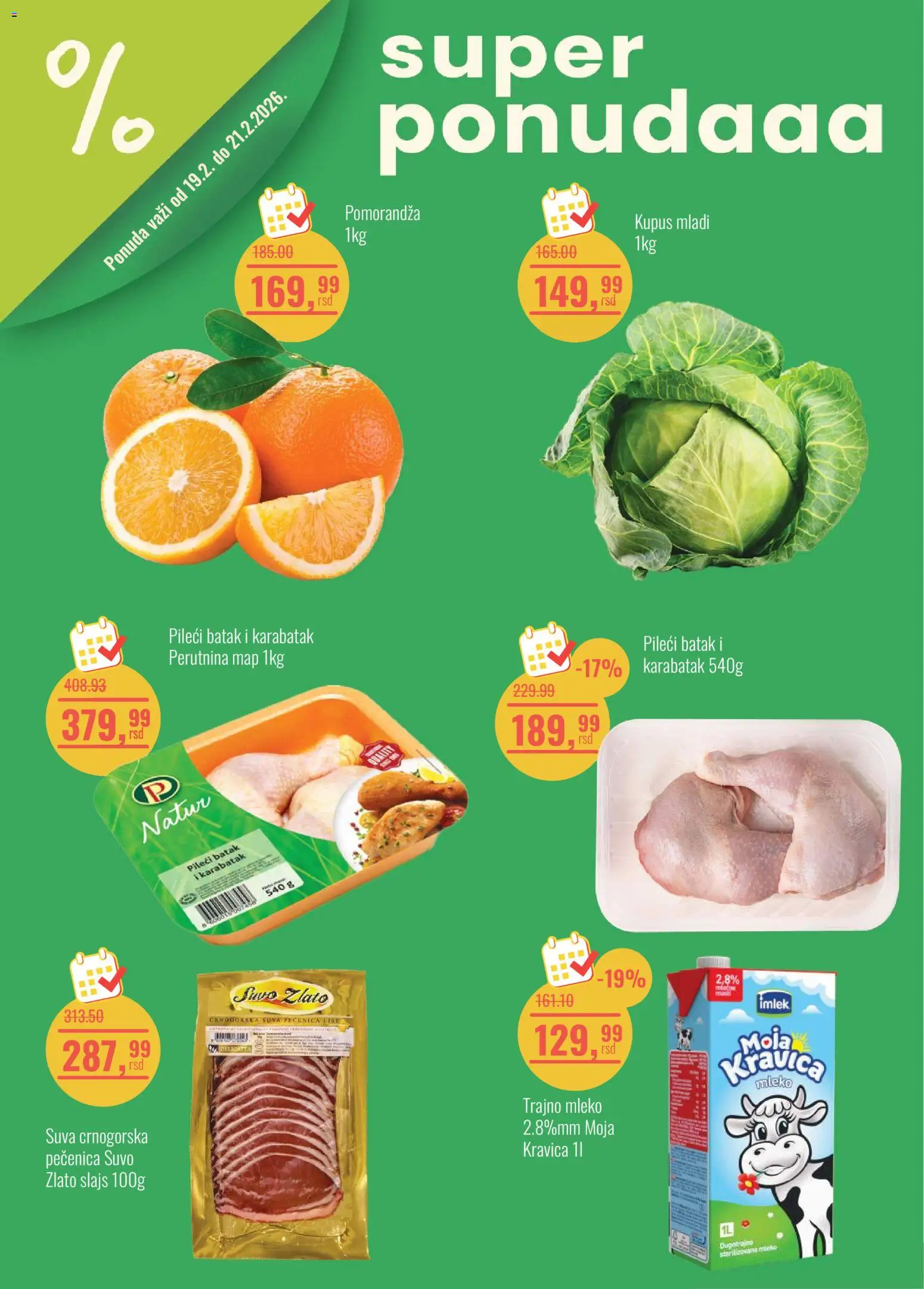 Aroma Market katalog - važi od 19.02.2026 | Strana: 1 | Proizvode: Kupus, Pomorandza, Mleko, Pečenica