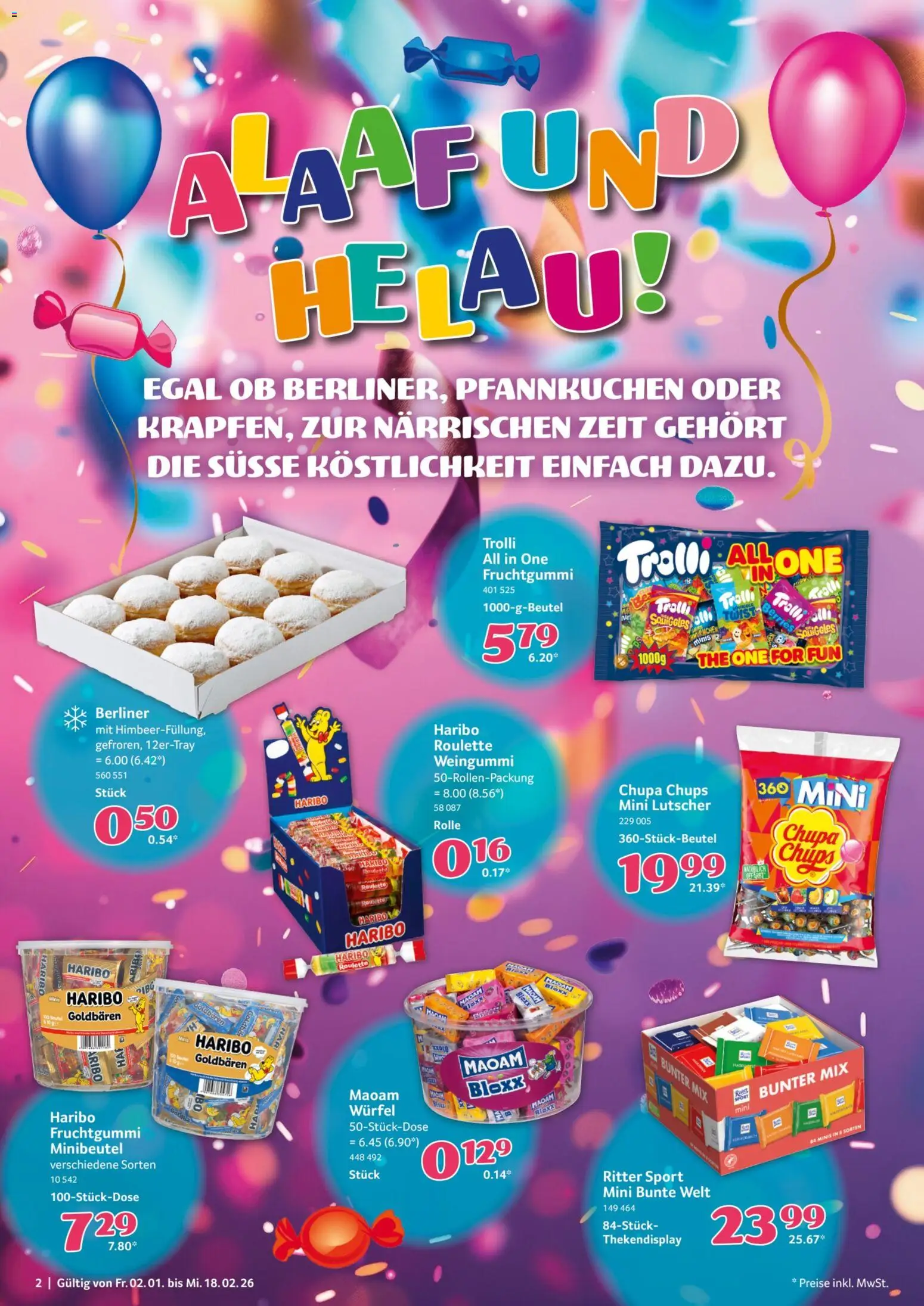 Selgros Karneval – gültig ab 02.01.2026 | Seite: 2 | Produkte: Berliner, Haribo, Ritter sport, Pfannkuchen