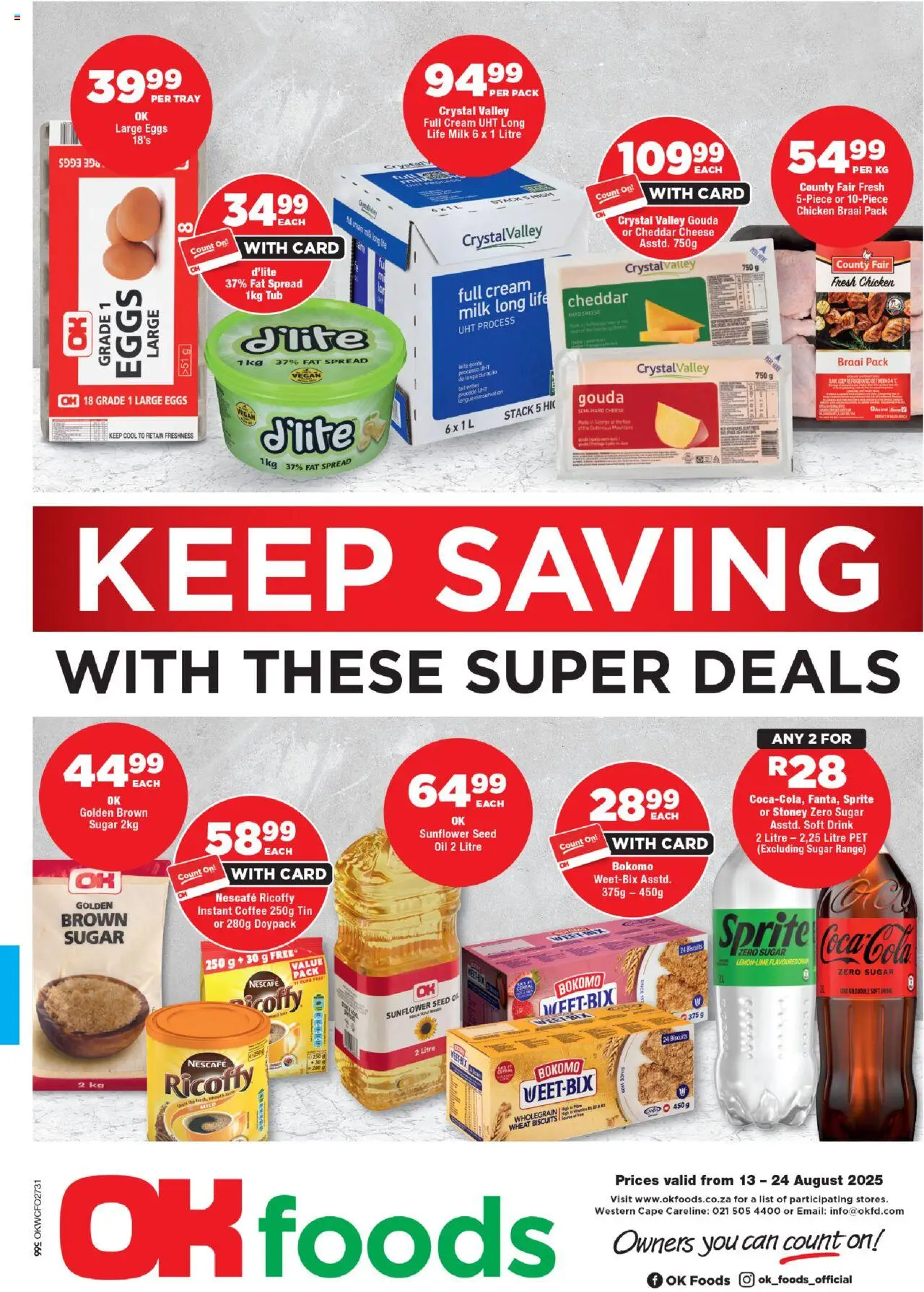 OK Foods Western Cape - Specials │ valid from 13.08.2025 | Page: 1 | Products: Milk, Cheese, Sprite, Estuche organizador de viaje
