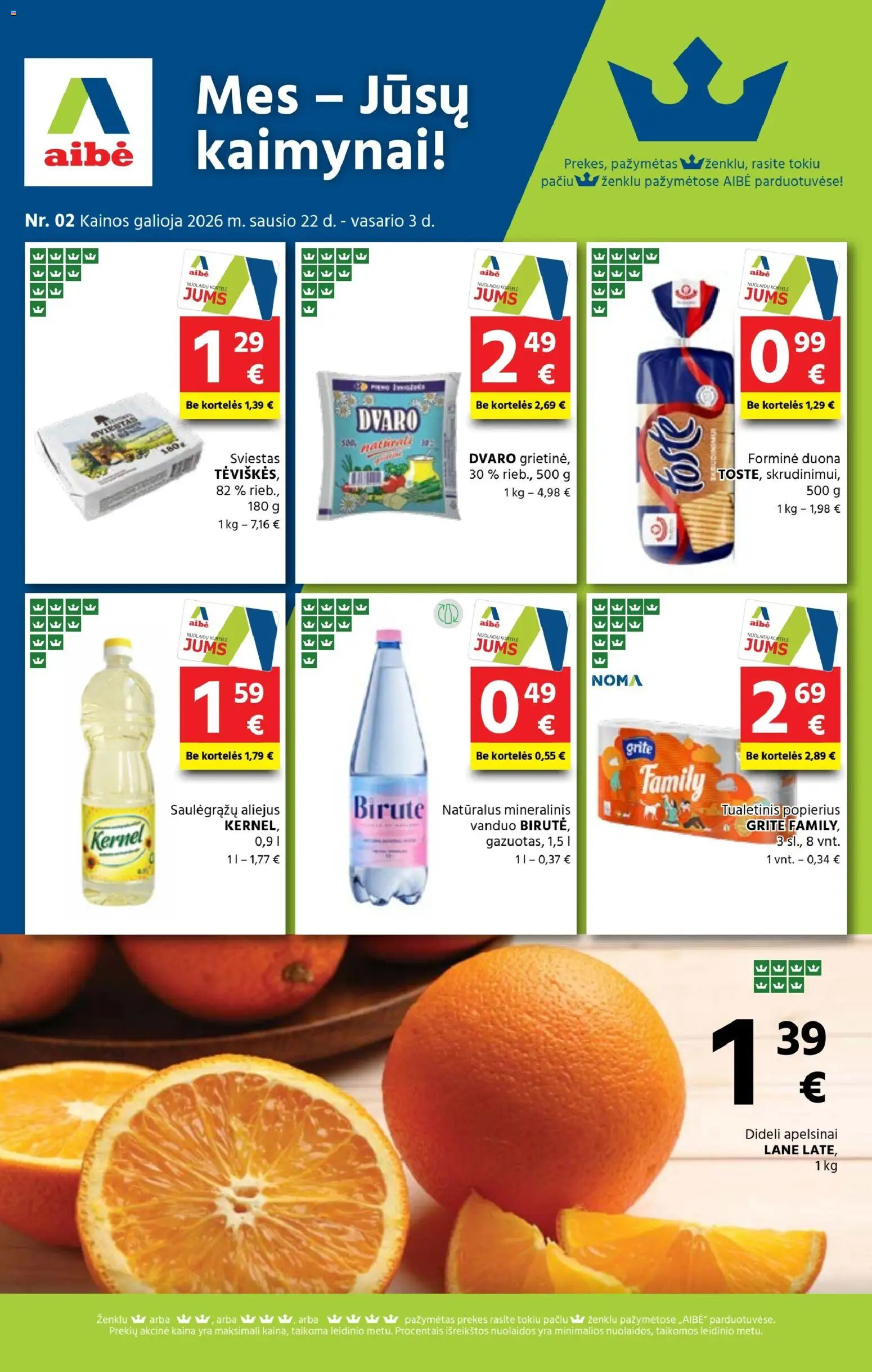 AIBE akcijos nuo 22.01.2026 | Puslapis: 1 | Prekių: Sviestas, Aliejus, Duona, Tualetinis popierius