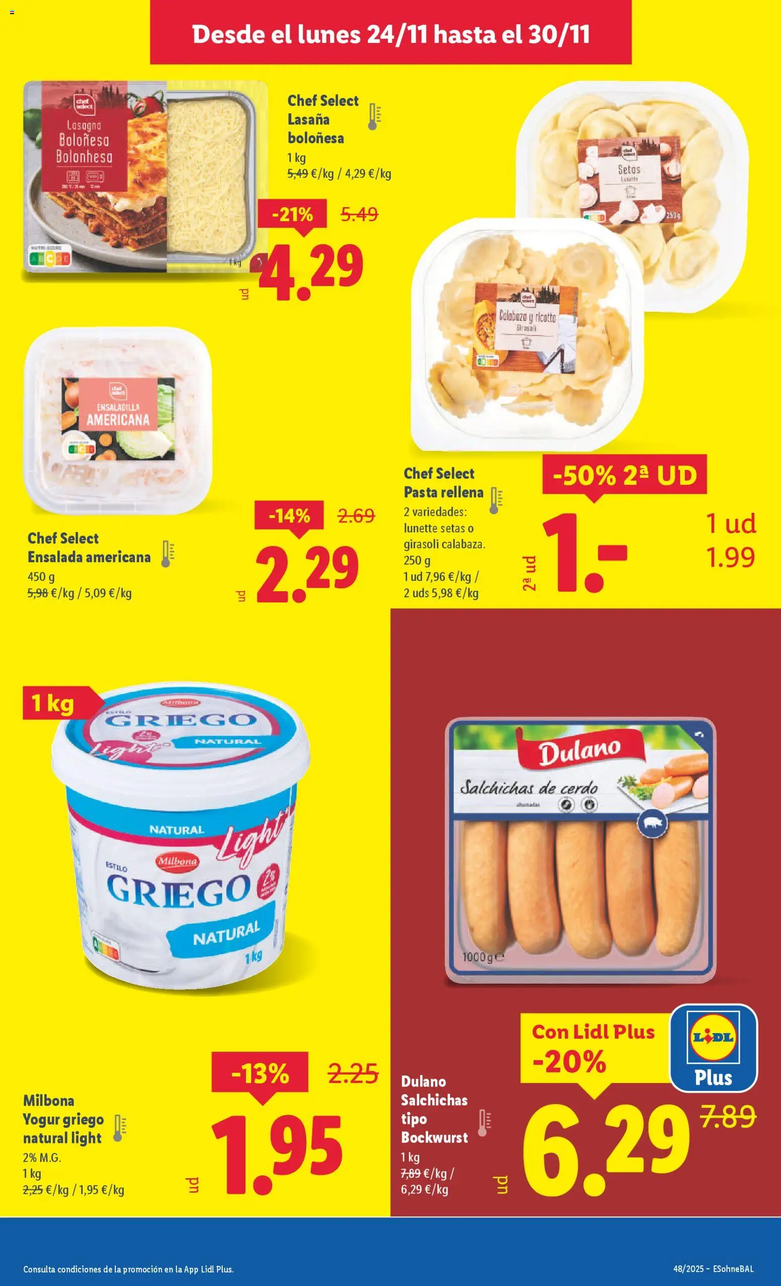 Lidl folleto │ válido desde el 24.11.2025 | Página: 7 | Productos: Ensaladilla, Yogur, Cerdo, Lasaña
