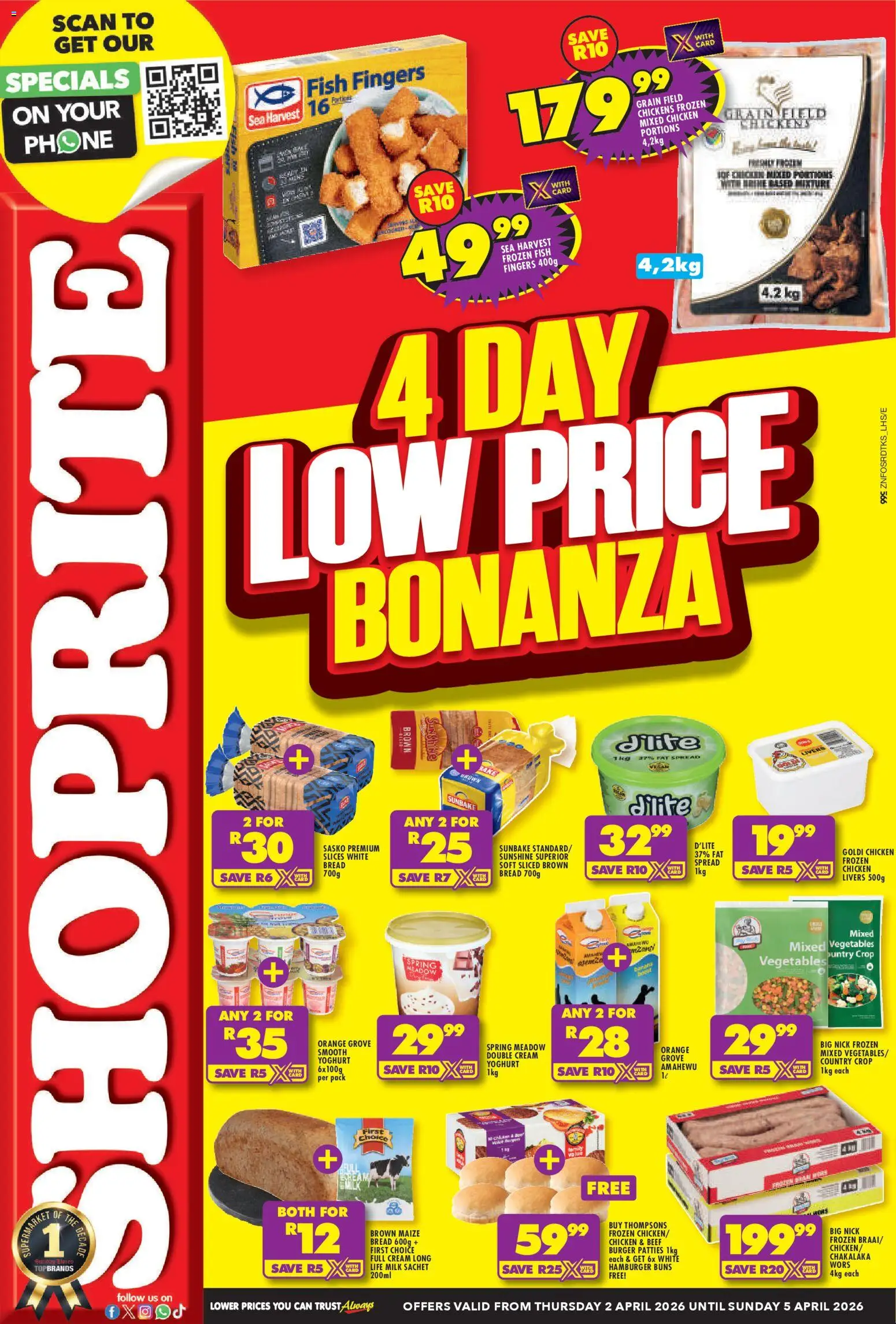 New Shoprite catalogue – valid from 02.04.2026 | Page: 1 | Products: Phone, Yoghurt, Fish, Burgers