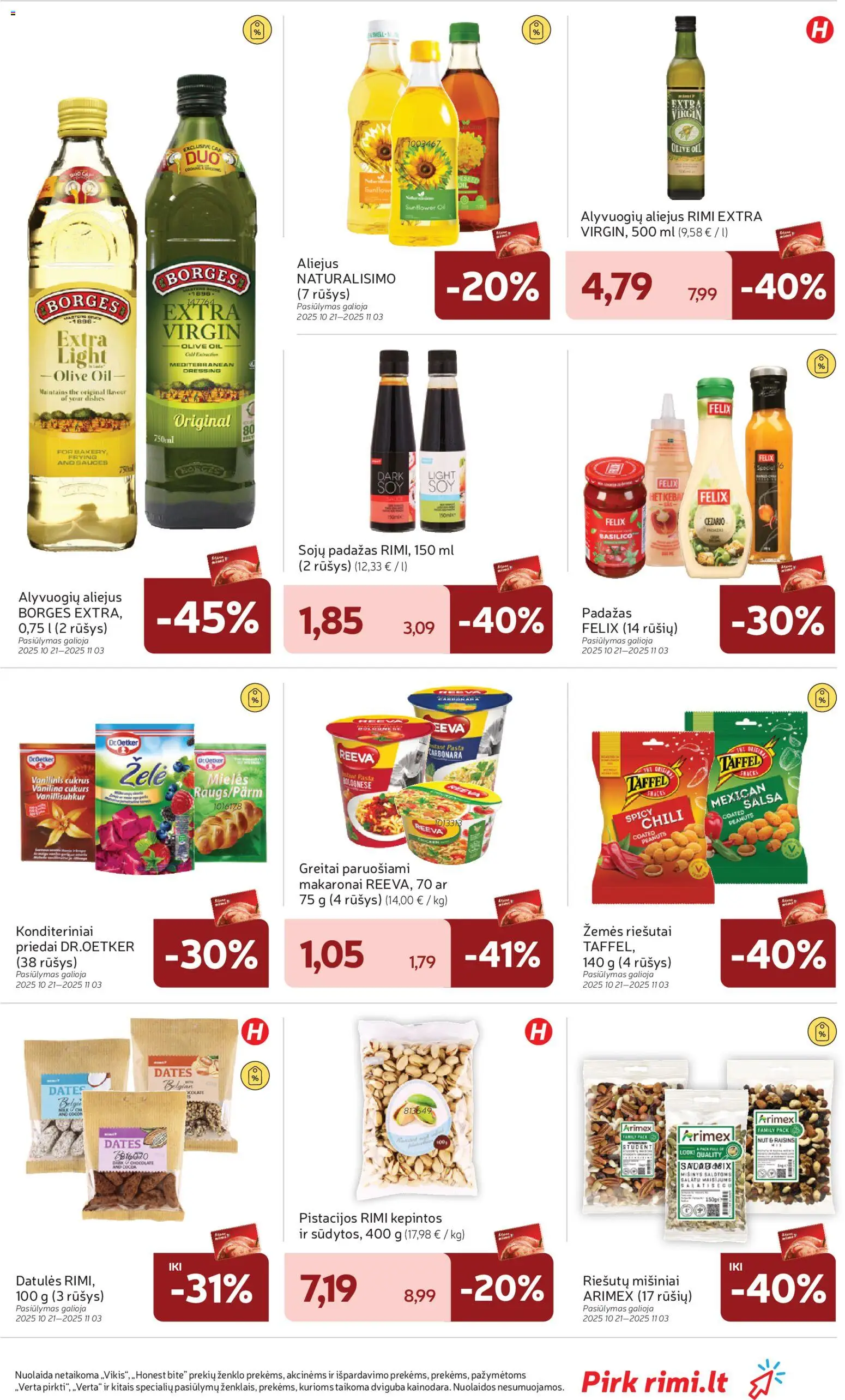Rimi akcijos nuo 28.10.2025 | Puslapis: 29 | Prekių: Riešutai, Aliejus, Greitai paruošiami makaronai, Makaronai