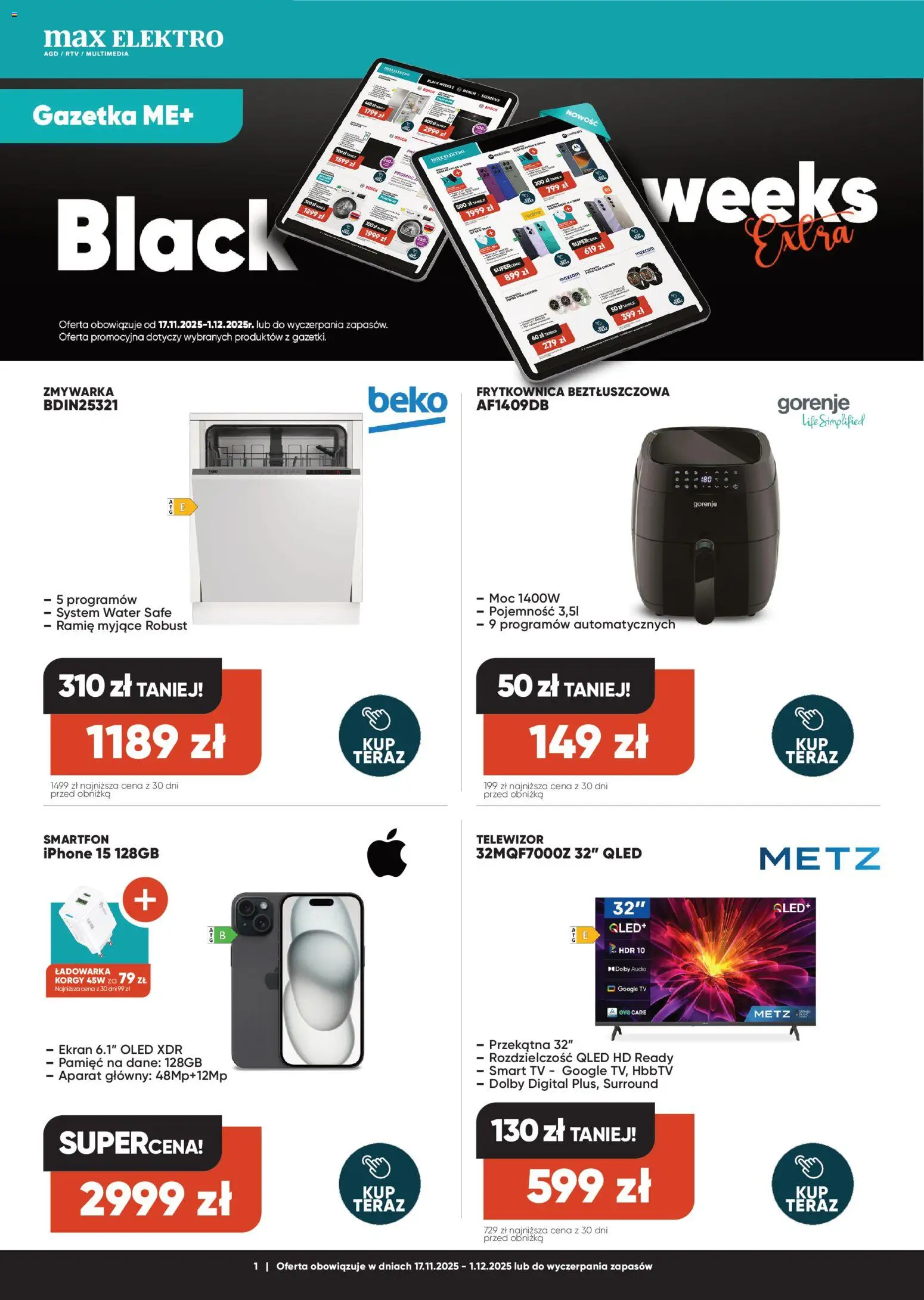 Max elektro Black Friday od 17.11.2025 | Strona: 1 | Produkty: Smartfon, Ładowarka, Zmywarka, Frytkownica