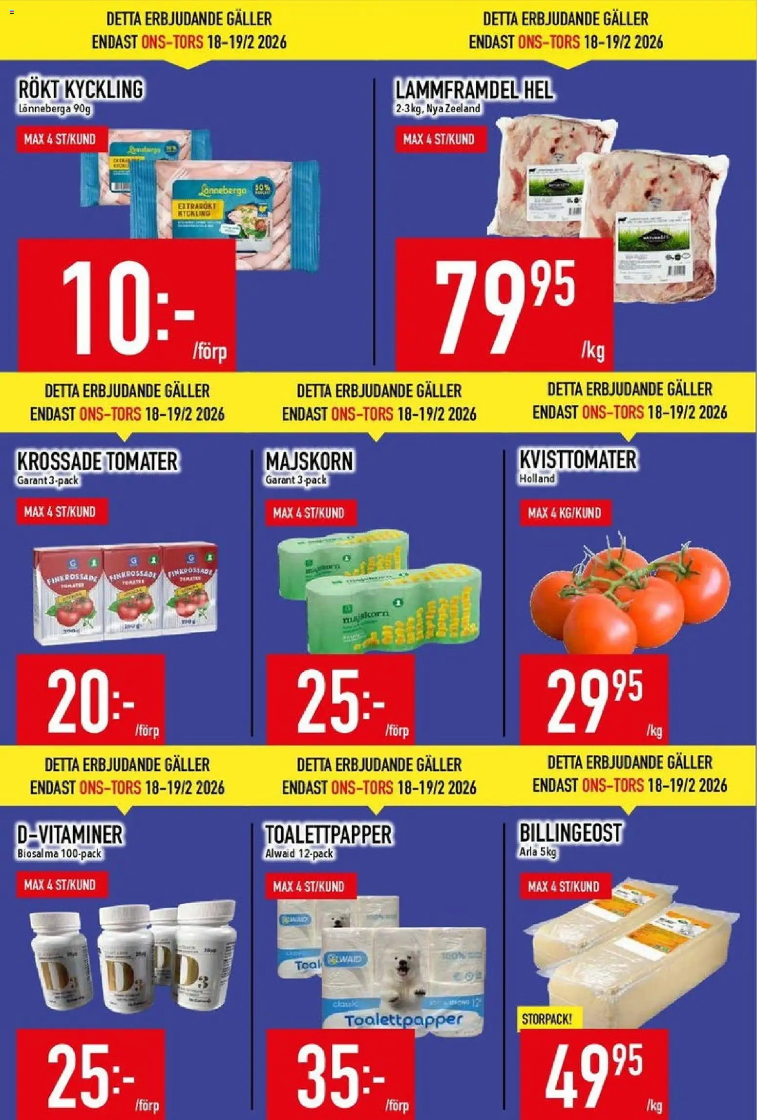 Matdax reklamblad aktuell från 16.02.2026 | Sida: 3 | Produkter: Krossade tomater, Toalettpapper, Galler, Tomater