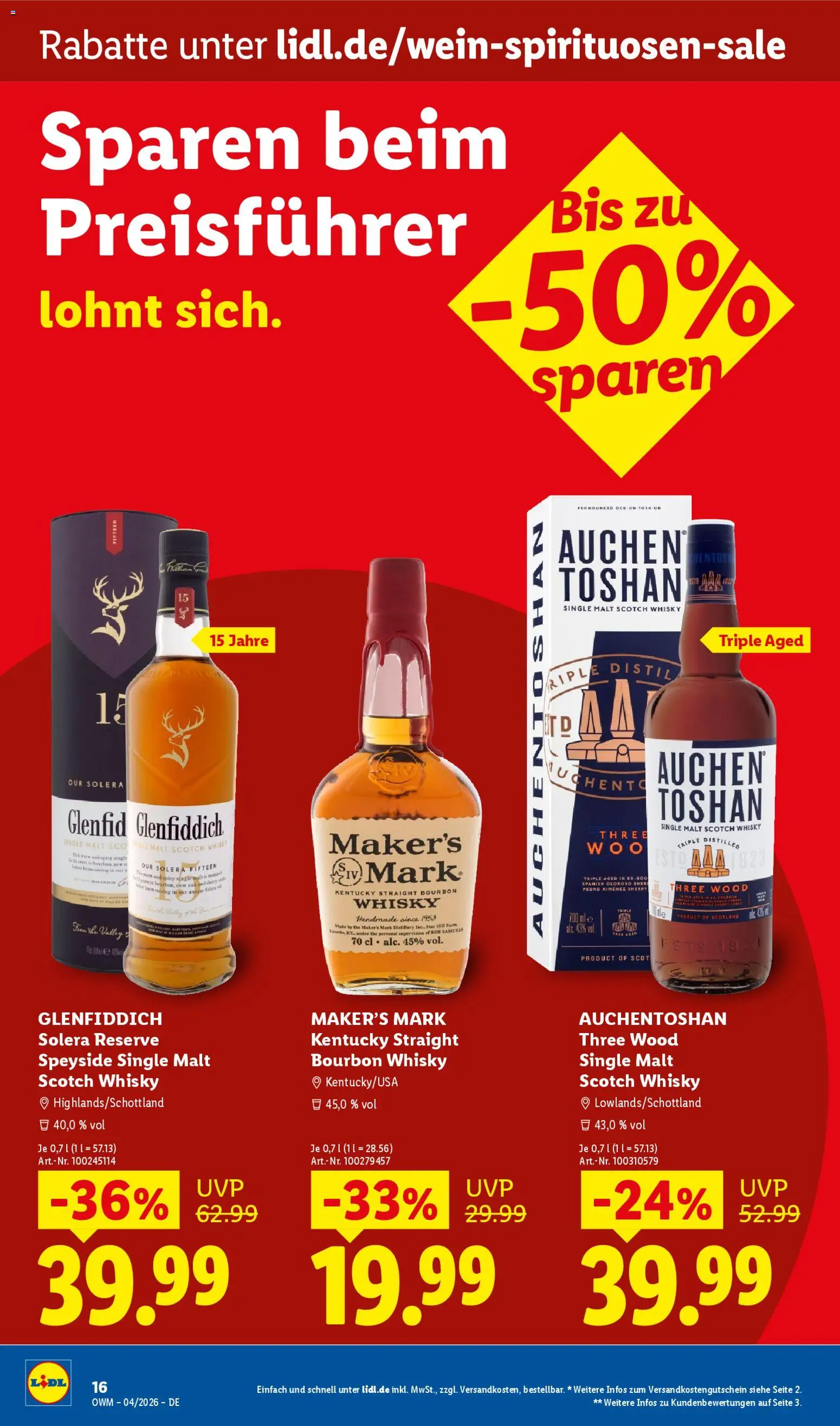 Lidl Německo leták - Wein & Spirituosen od 01.04.2026 | Strana: 16 | Produkty: Bourbon, Whisky, Sherry