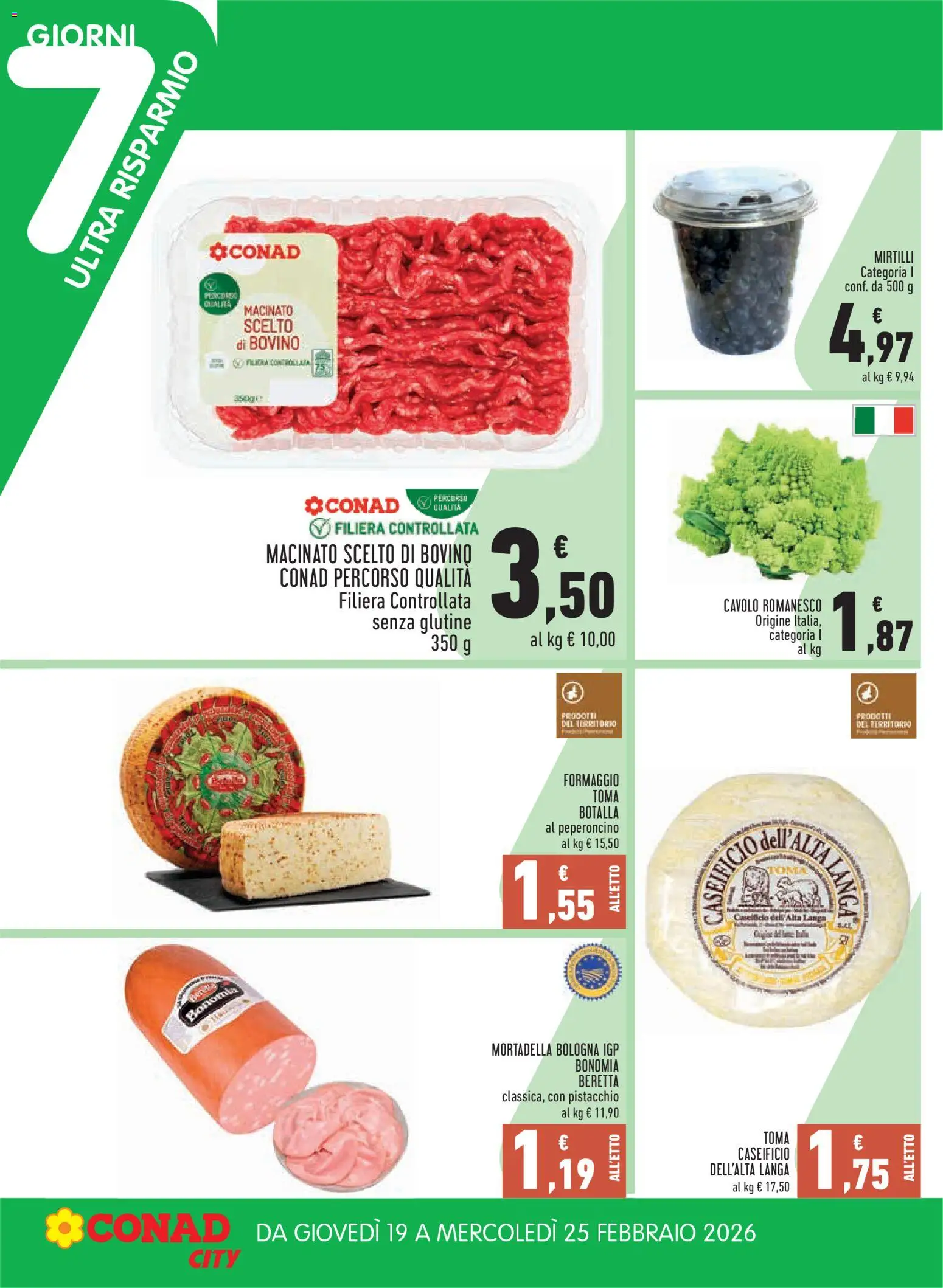 Volantino Conad del 19.02.2026 | Pagina: 2 | Prodotti: Bovino, Formaggio, Cavolo, Mortadella