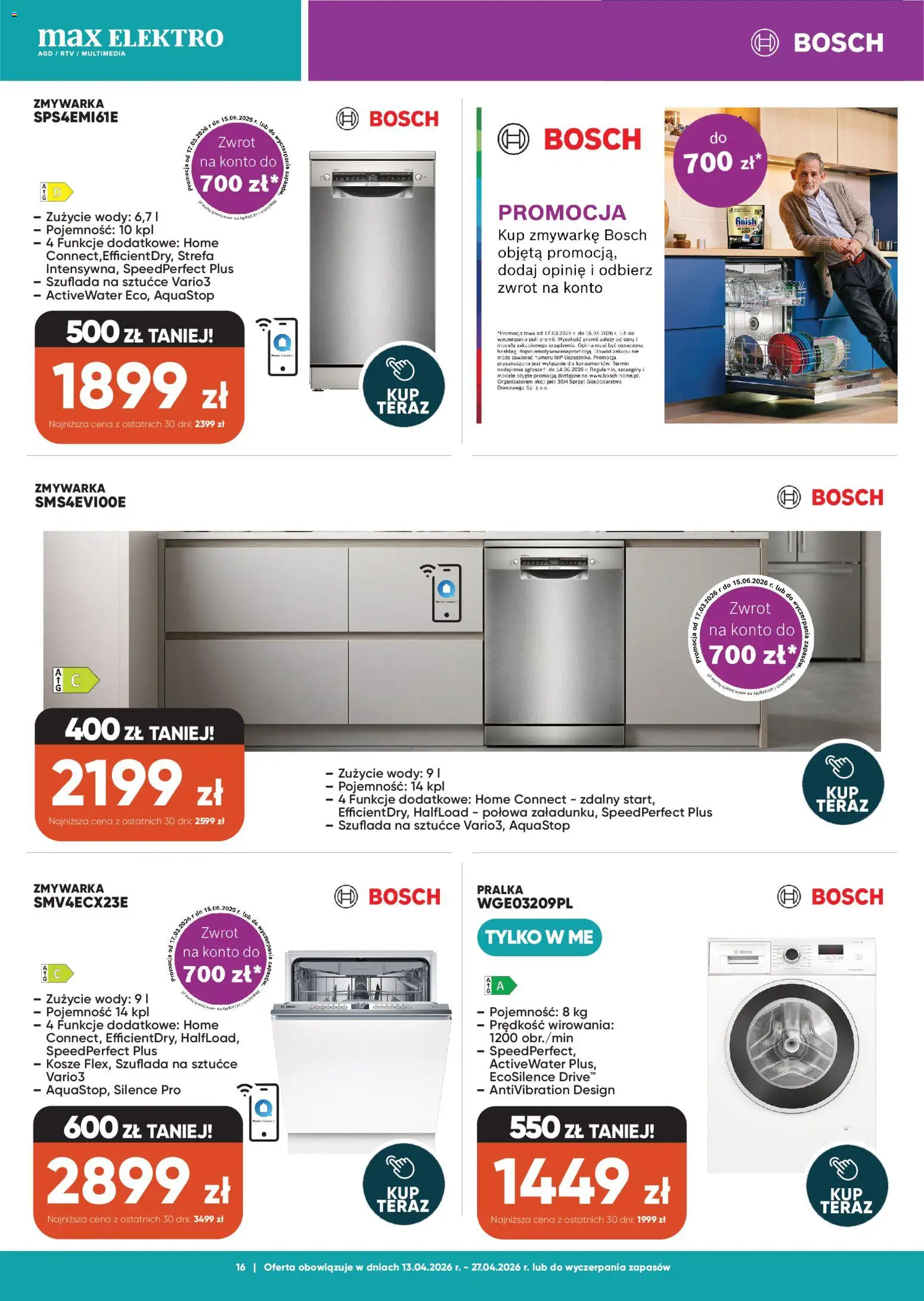 Max elektro gazetka od 13.04.2026 | Strona: 16 | Produkty: Pralka, Zmywarka, Sztućce