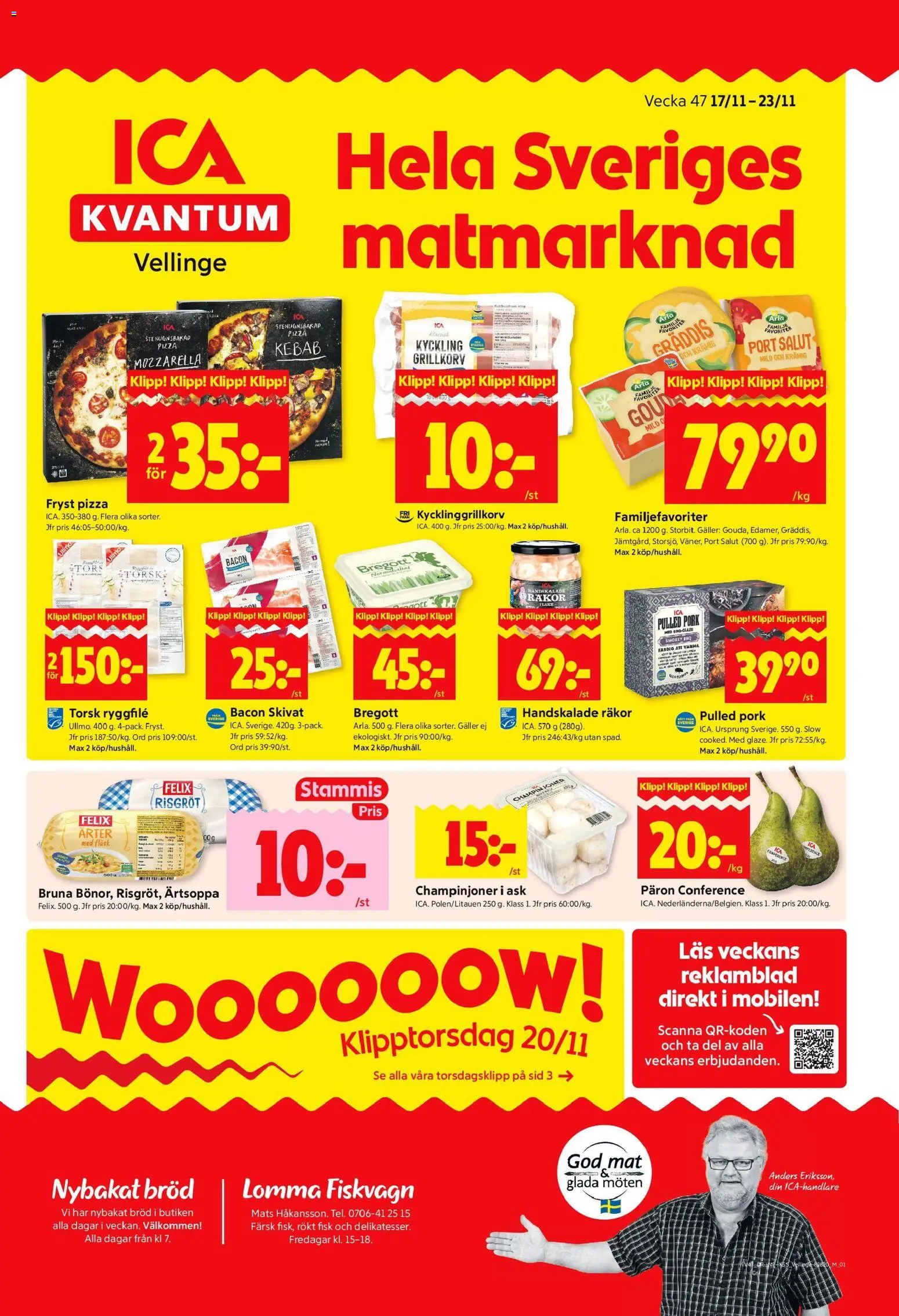 ICA Kvantum reklamblad aktuell från 17.11.2025 | Sida: 1 | Produkter: Galler, Räkor, Bröd, Pizza