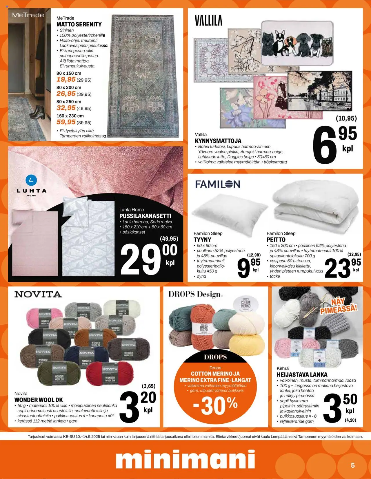 Minimani tarjoukset – voimassa 10.09.2025 alkaen | Sivu: 5 | Tuotteet: Pussilakanasetti, Tyyny, Matto, Peitto