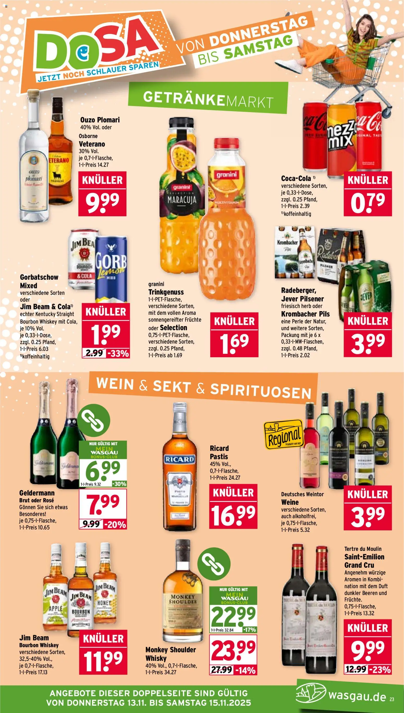 Wasgau Prospekt 	 – gültig ab 10.11.2025 | Seite: 23 | Produkte: Whisky, Apple, Krombacher, Ouzo plomari