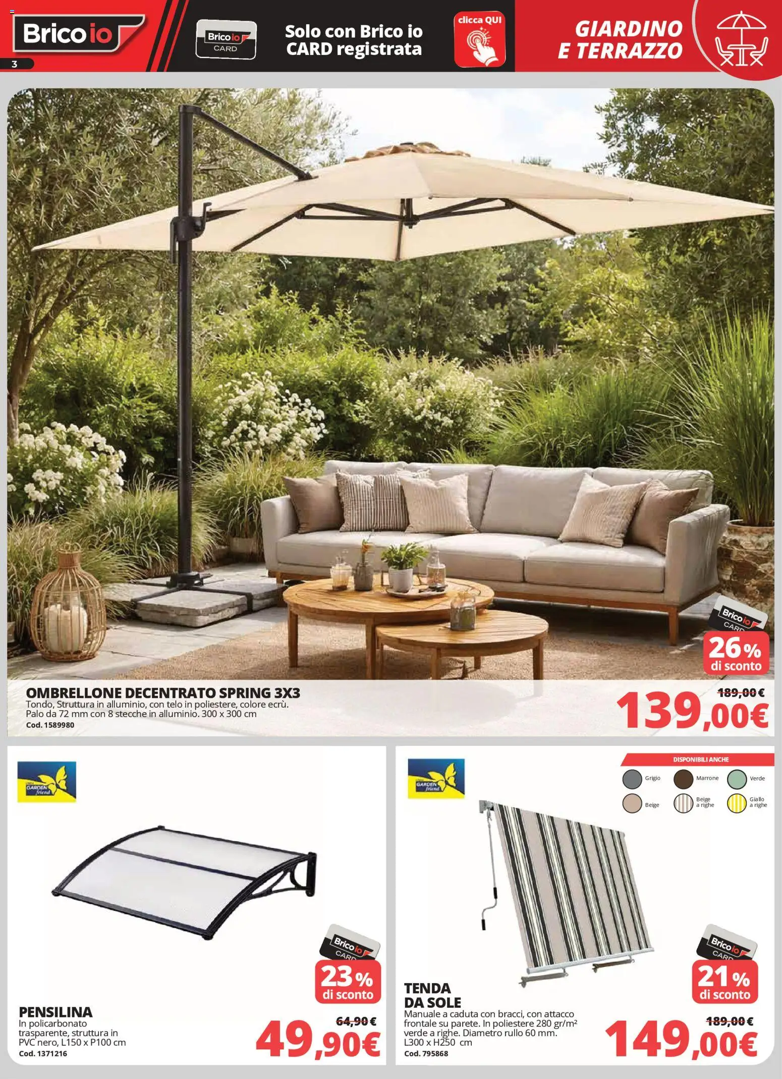 Volantino Brico io del 02.04.2026 | Pagina: 3 | Prodotti: Rullo, Tenda da sole, Tenda, Ombrellone