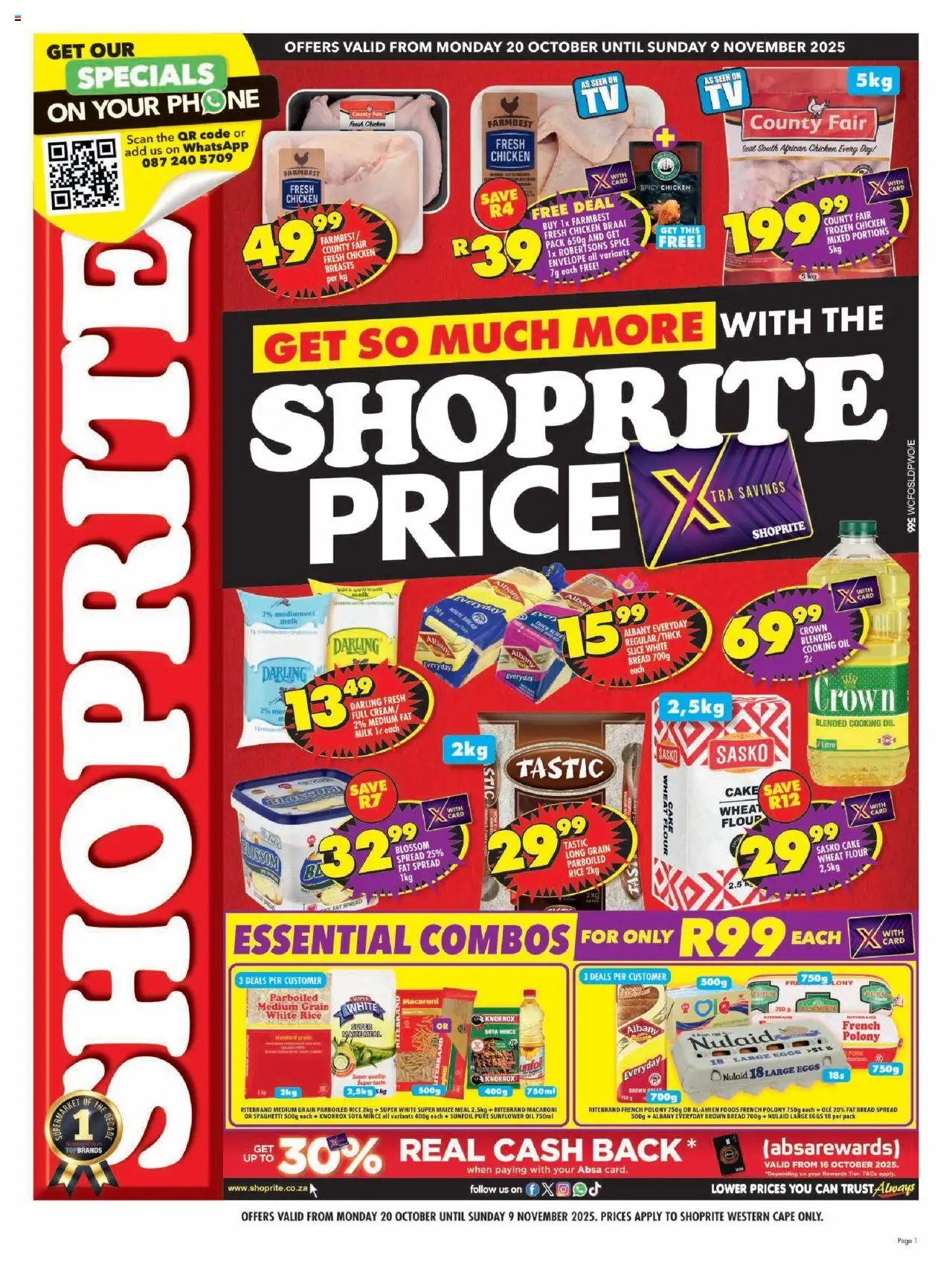 New Shoprite catalogue – valid from 20.10.2025 | Page: 1 | Products: Cake, Maize meal, Chicken, Cream