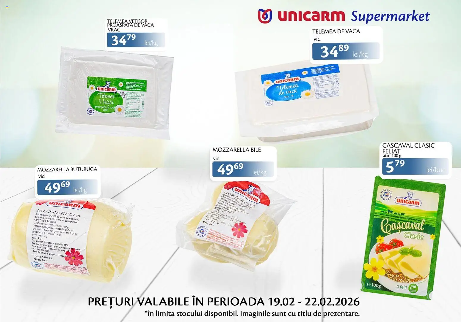 Noul catalog Unicarm – valabil de la 19.02.2026 | Pagină: 2 | Produse: Cașcaval, Mozzarella, Lapte, Sare