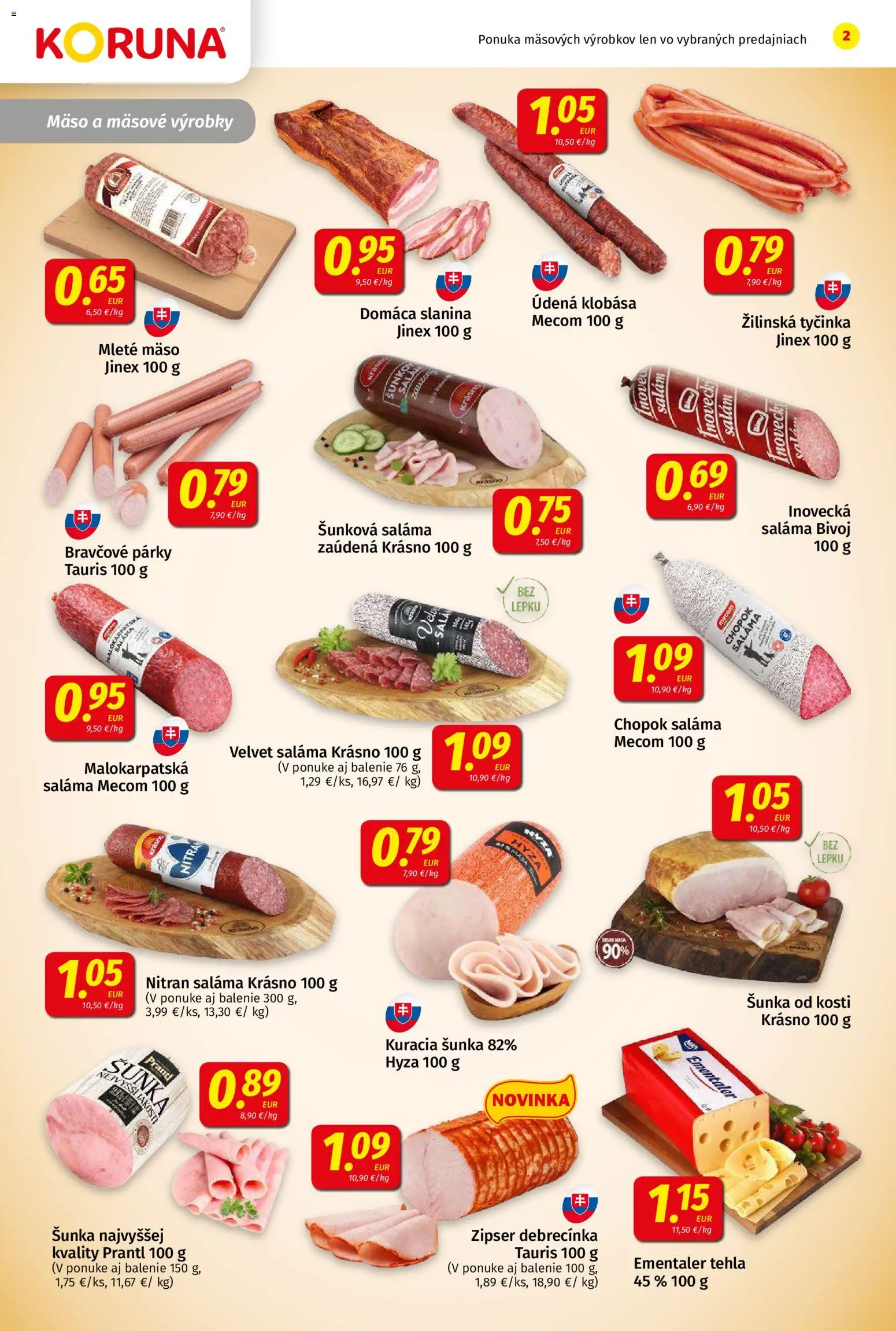 Nové Koruna akcie – leták je platný od 06.03.2026 | Strana: 2 | Produkty: Šunka, Klobása, Párky, Mleté mäso