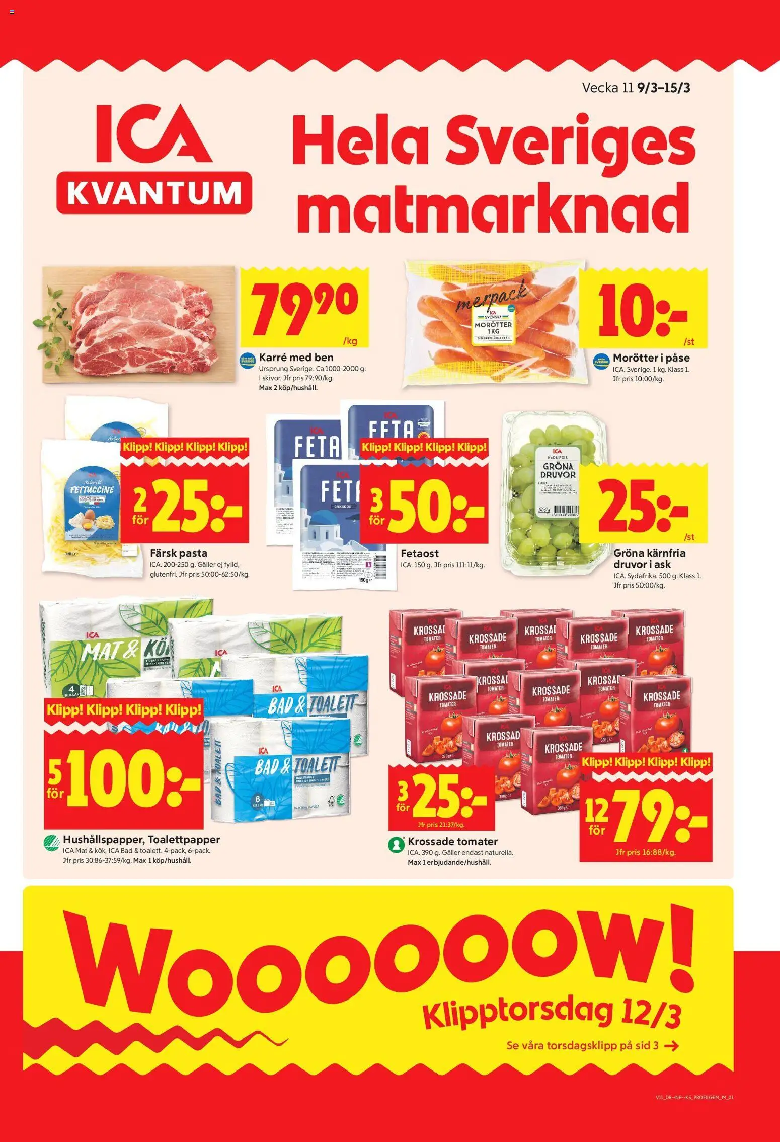 ICA Kvantum reklamblad aktuell från 09.03.2026 | Sida: 1 | Produkter: Galler, Toalett, Tomater, Pasta