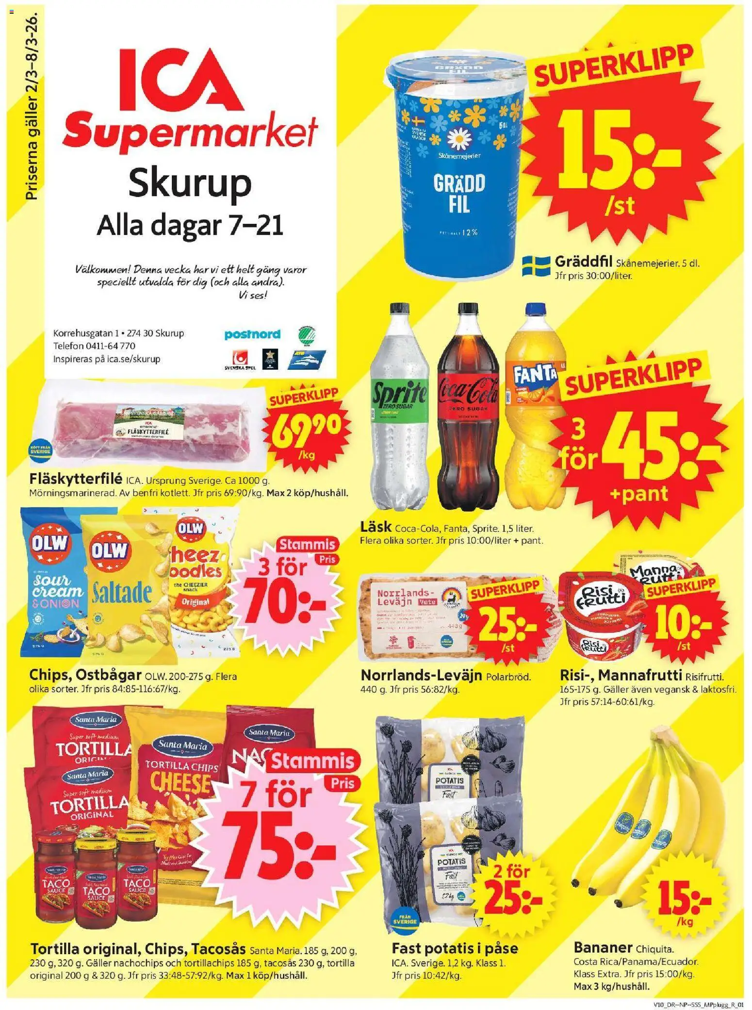 ICA Supermarket reklamblad aktuell från 02.03.2026 | Sida: 1 | Produkter: Tortillachips, Galler, Fläskytterfilé, Telefon