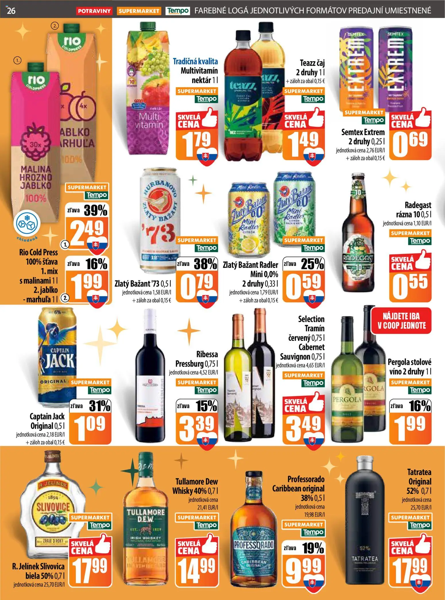 Nové COOP Jednota akcie – leták je platný od 04.12.2025 | Strana: 26 | Produkty: Pergola, Radegast, Zlatý Bažant, Tullamore Dew