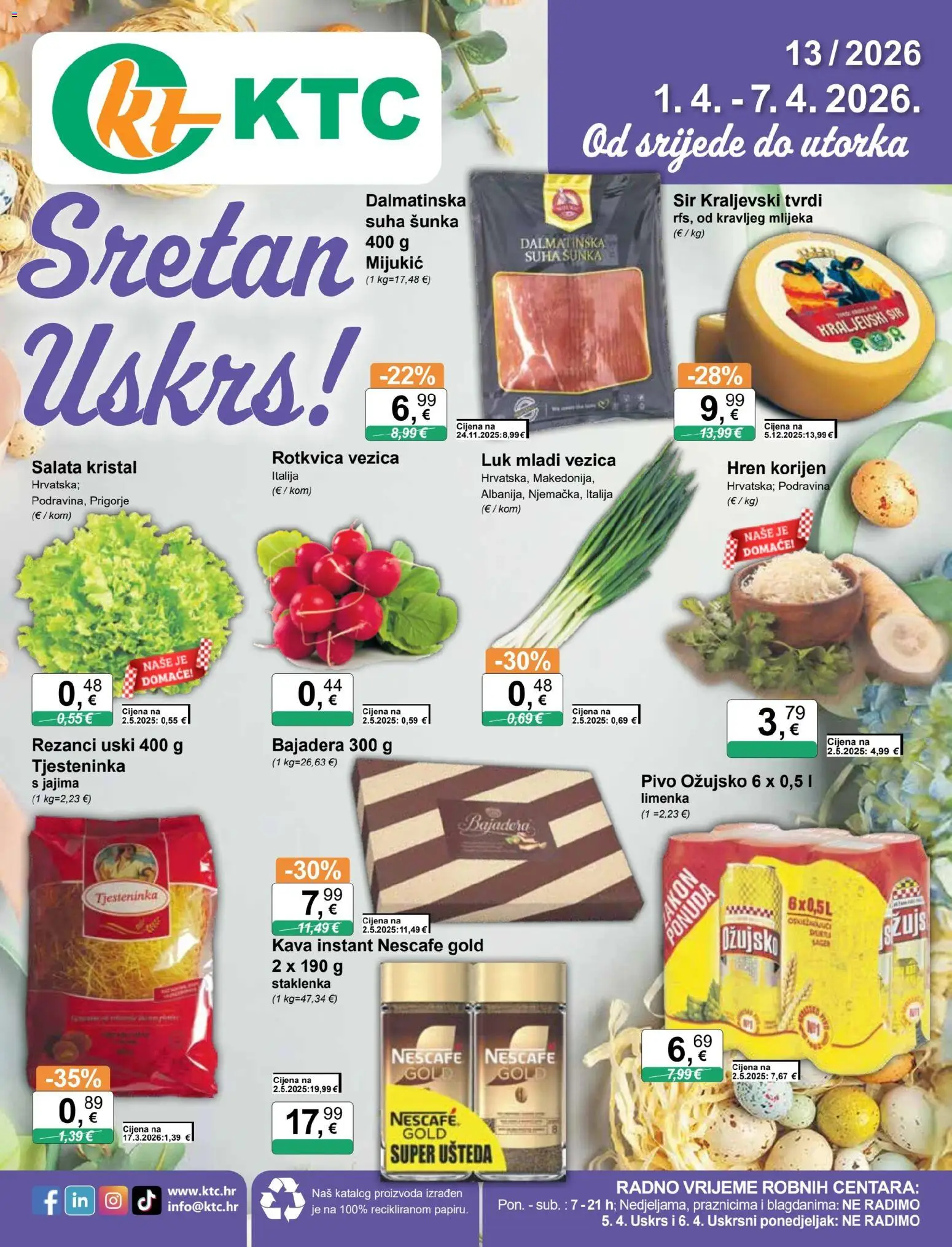KTC katalog | vrijedi od 01.04.2026 | Stranica: 1 | Proizvodi: Sir, Salata, Luk, Nescafe Gold