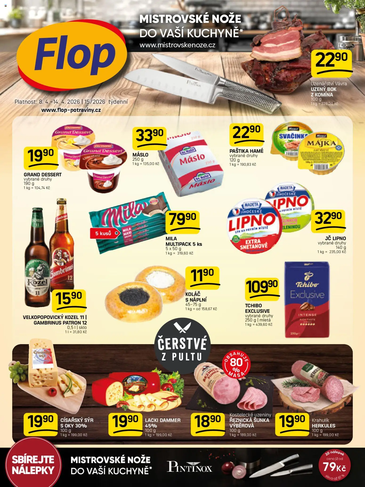 Flop leták od 08.04.2026 | Strana: 1 | Produkty: Sýr, Velkopopovický Kozel, Velkopopovický Kozel 11, Gambrinus