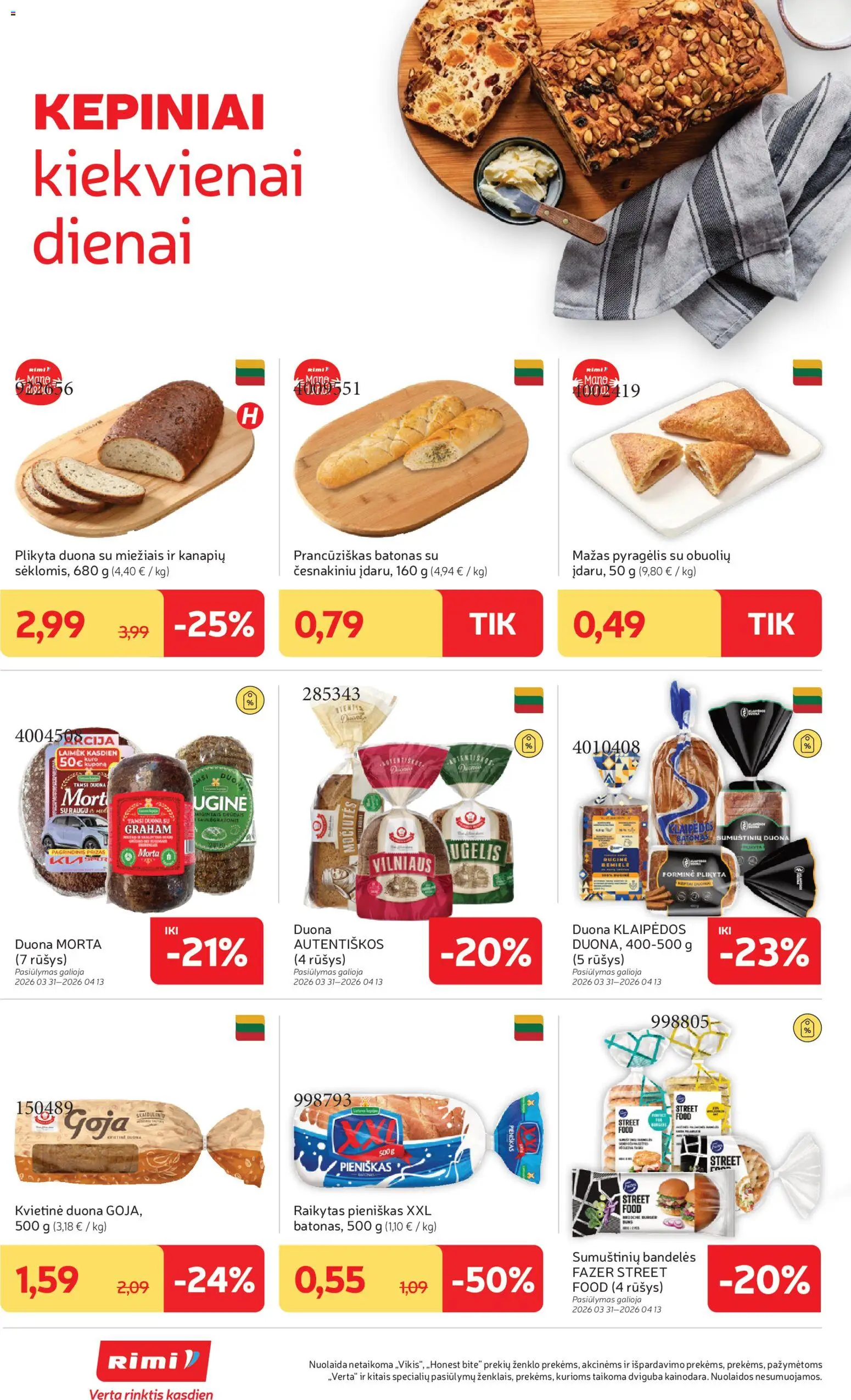 Rimi akcijos nuo 31.03.2026 | Puslapis: 16 | Prekių: Batonas, Bandelės, Duona