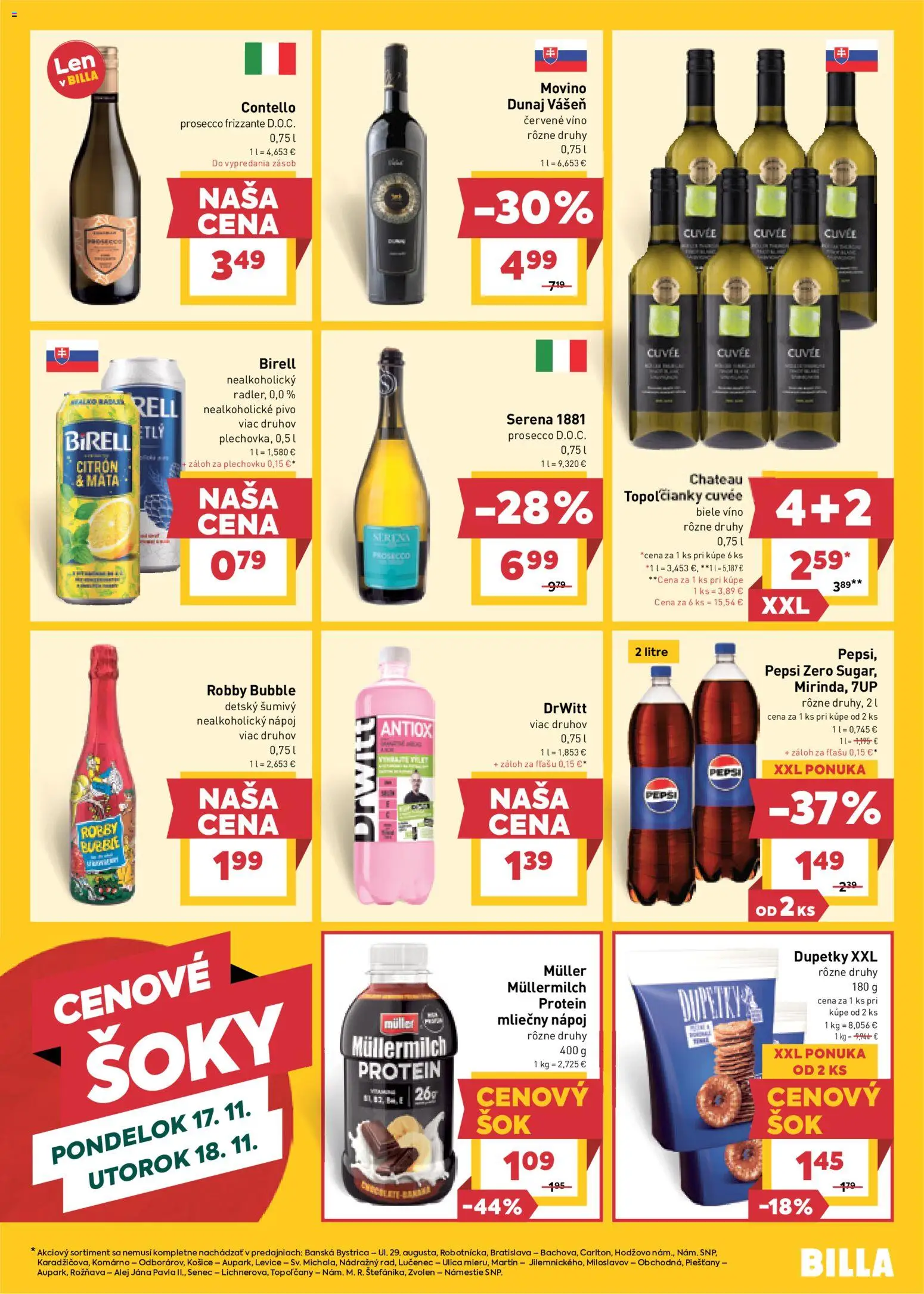 Nové Billa akcie – leták je platný od 12.11.2025 | Strana: 17 | Produkty: Biele víno, Protein, Pepsi, Nealkoholické pivo