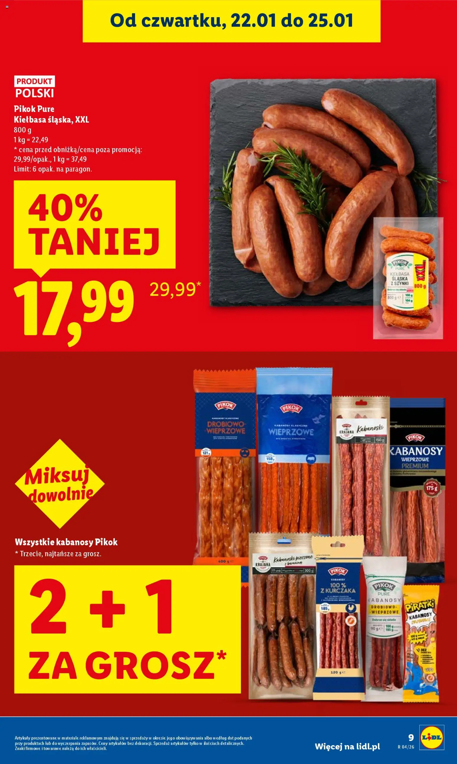 Lidl Gazetka od 22.01.2026 | Strona: 9 | Produkty: Kiełbasa, Kabanosy drobiowe, Kabanosy, Kiełbasa śląska