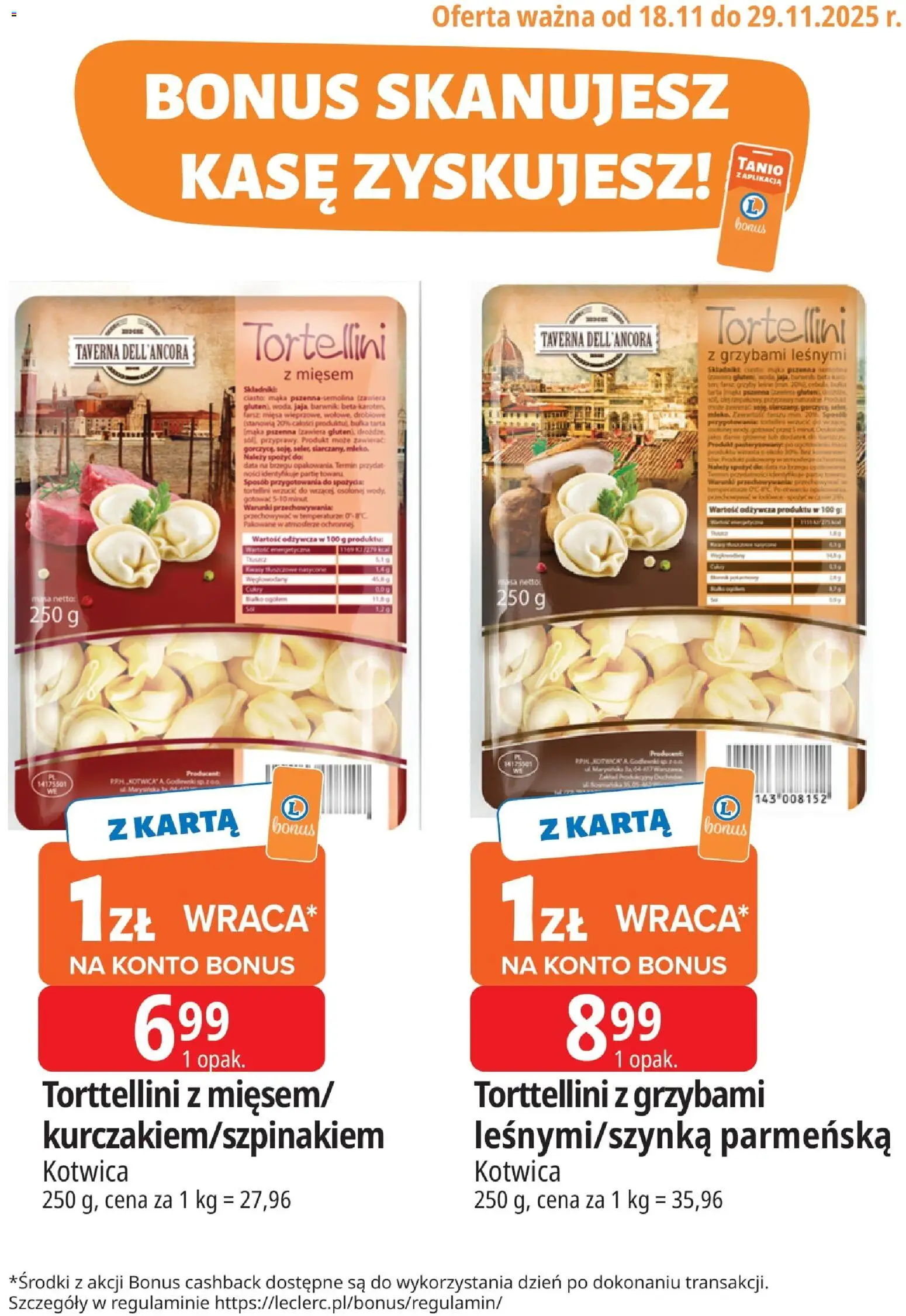 E.Leclerc Gazetka - Radom kupony dodatkowe od 18.11.2025 | Strona: 1 | Produkty: Ciasto, Bułka tarta, Tortellini, Bułka