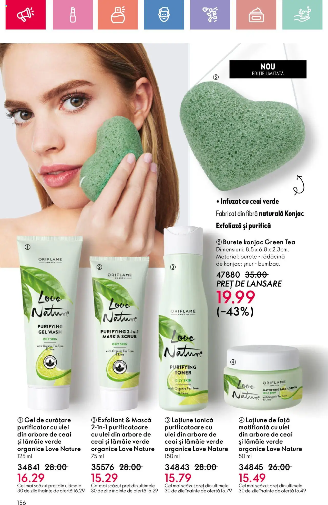 Oriflame catalog 11 2025 – valabil de la 27.07.2025 | Pagină: 156 | Produse: Lime, Loțiune tonică, Gel de curățare, Burete