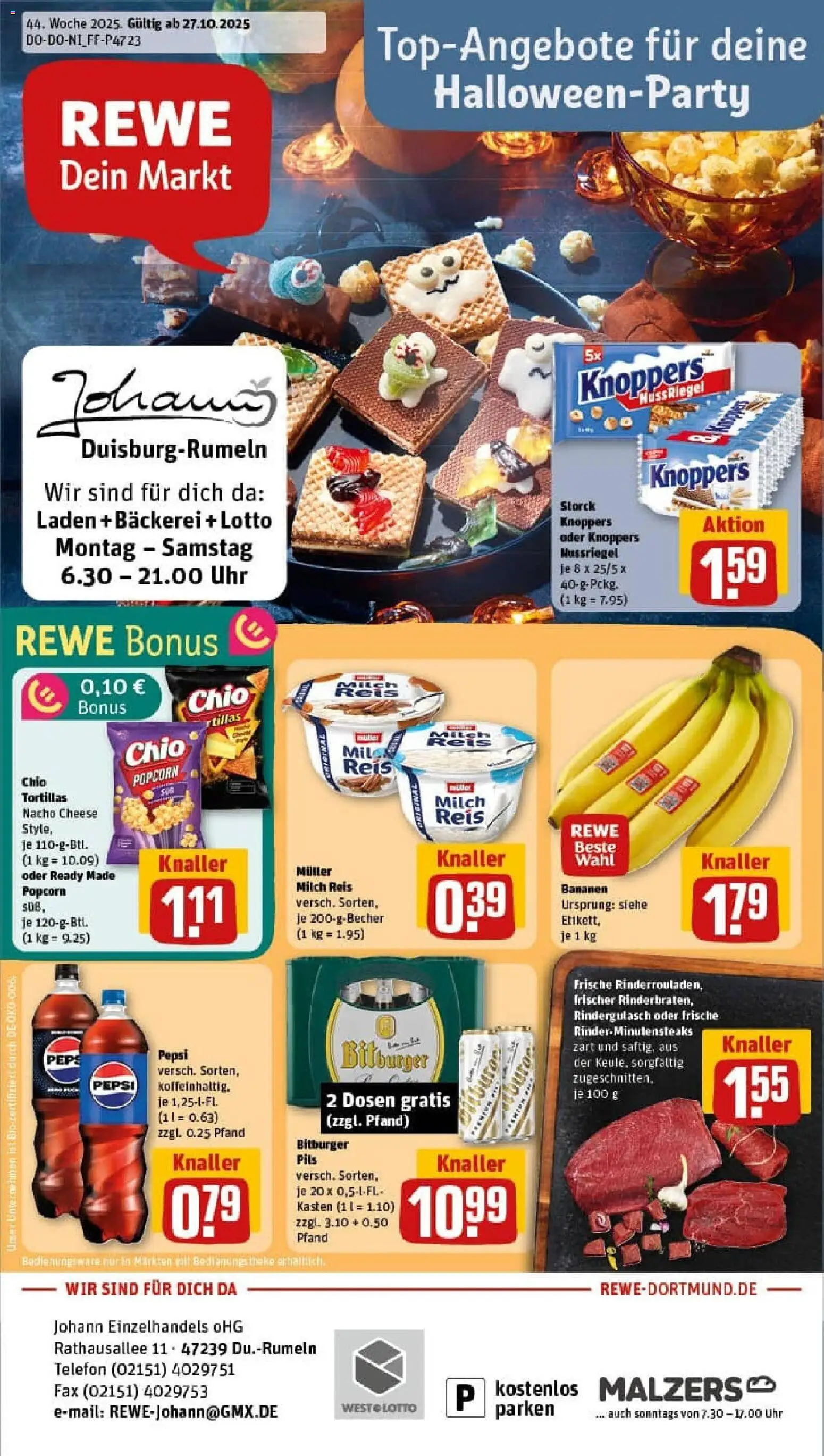 Rewe prospekt Duisburg / Rumeln	 – gültig ab 26.10.2025 | Seite: 1 | Produkte: Rindergulasch, Pils, Chio tortillas, Uhr
