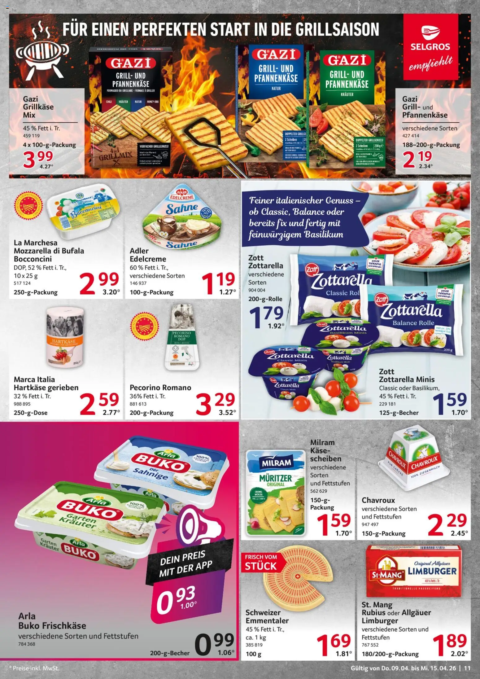 Selgros Prospekt 	 – gültig ab 09.04.2026 | Seite: 11 | Produkte: Mozzarella, Milram, Sahne, Frischkase