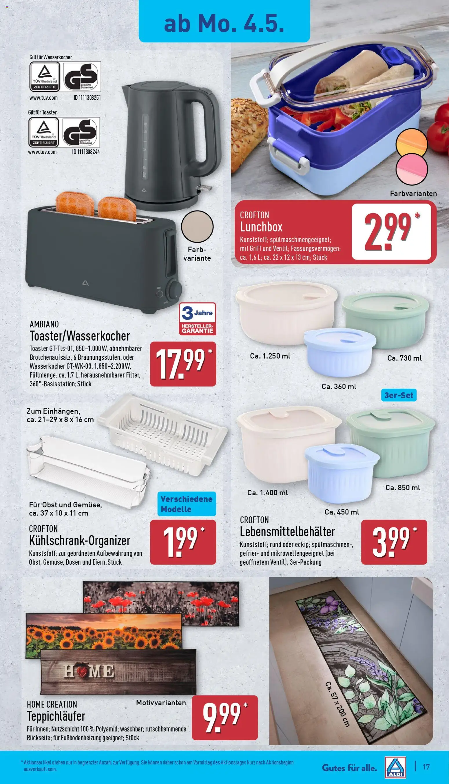Aldi Prospekt 	 – gültig ab 04.05.2026 | Seite: 17 | Produkte: Wasserkocher, Toaster, Obst, Home creation