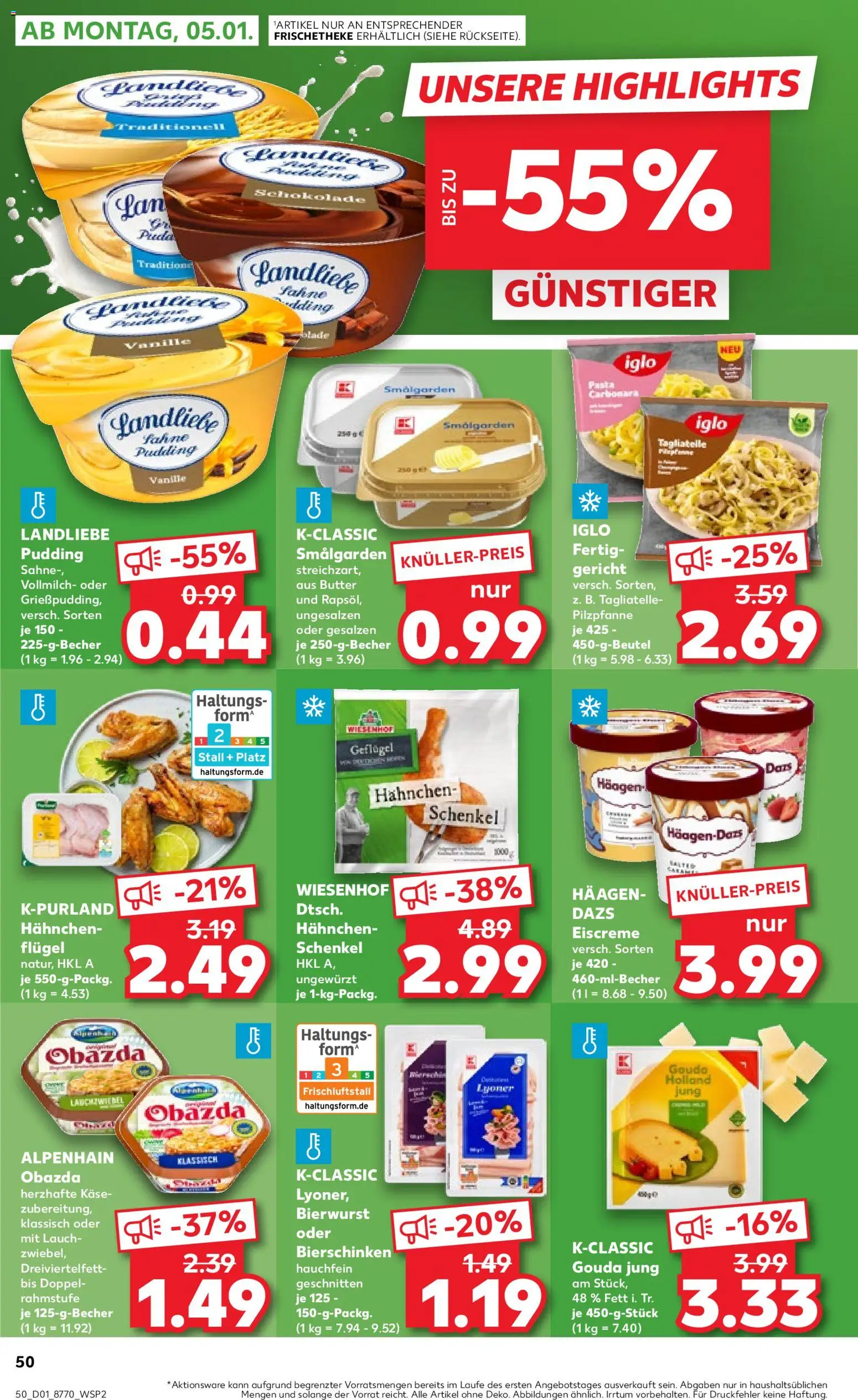 Kaufland prospekt Frankfurt (Oder)	 – gültig ab 02.01.2026 | Seite: 50 | Produkte: Gouda, Iglo, Eiscreme, Pasta