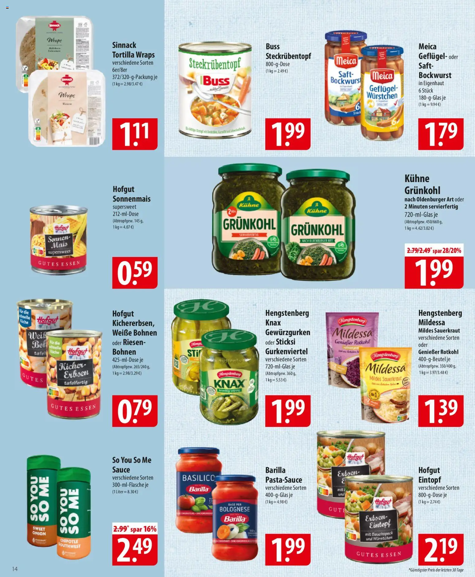 Famila Prospekt 	 – gültig ab 05.01.2026 | Seite: 14 | Produkte: Bockwurst, Rotkohl, Barilla, Erbsen