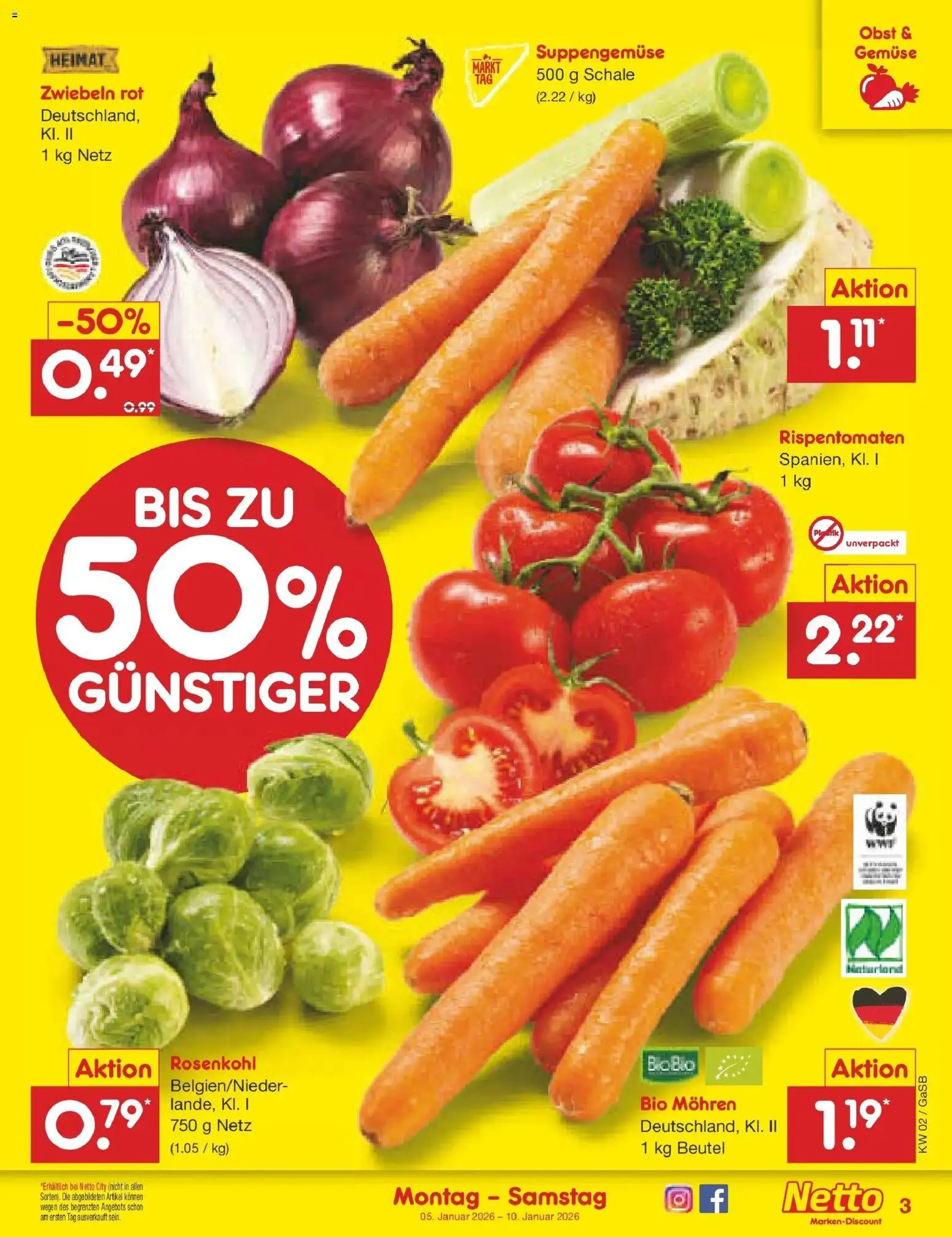Netto Marken-Discount - Netto: Wochenangebote – gültig ab 05.01.2026 | Seite: 3 | Produkte: Mohren, Zwiebeln, Gemüse, Obst