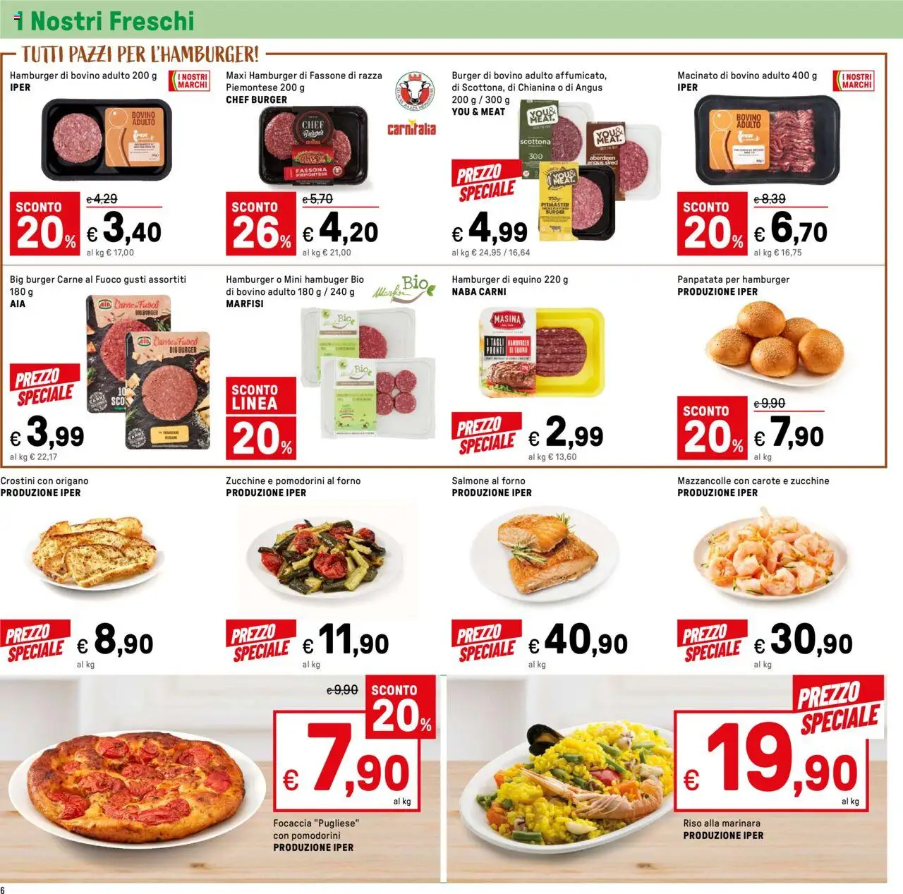 Volantino Iper del 01.08.2025 | Pagina: 6 | Prodotti: Pomodorini, Salmone, Crostini, Hamburger