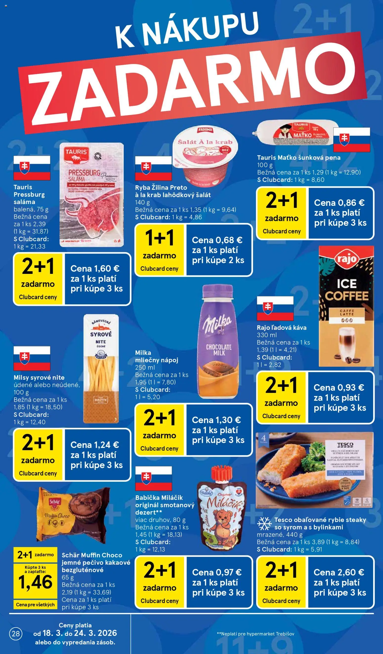 Nové Tesco akcie – leták je platný od 18.03.2026 | Strana: 28 | Produkty: Saláma, Ryba, Milka, Steak