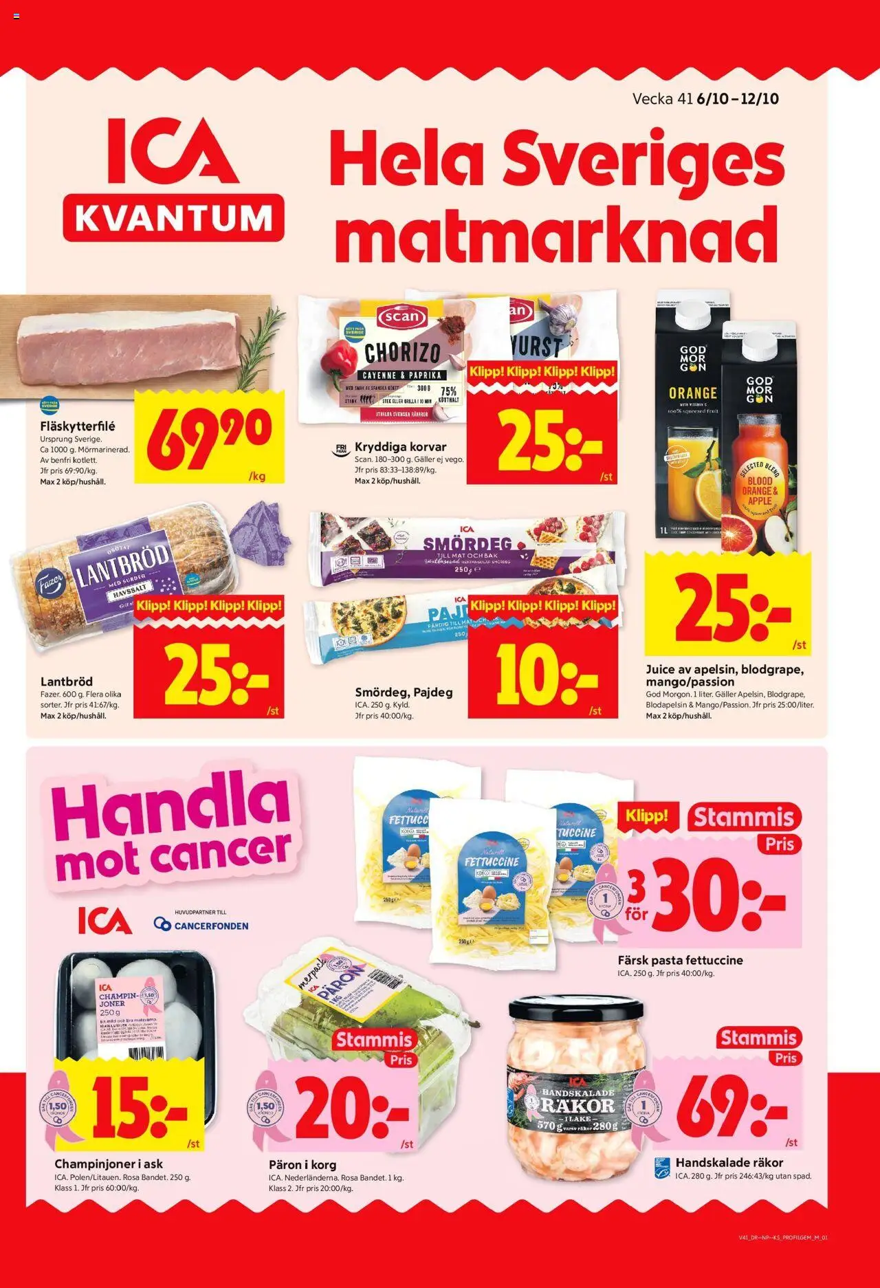 ICA Kvantum reklamblad aktuell från 06.10.2025 | Sida: 1 | Produkter: Räkor, Champinjoner, Äpple, Pasta