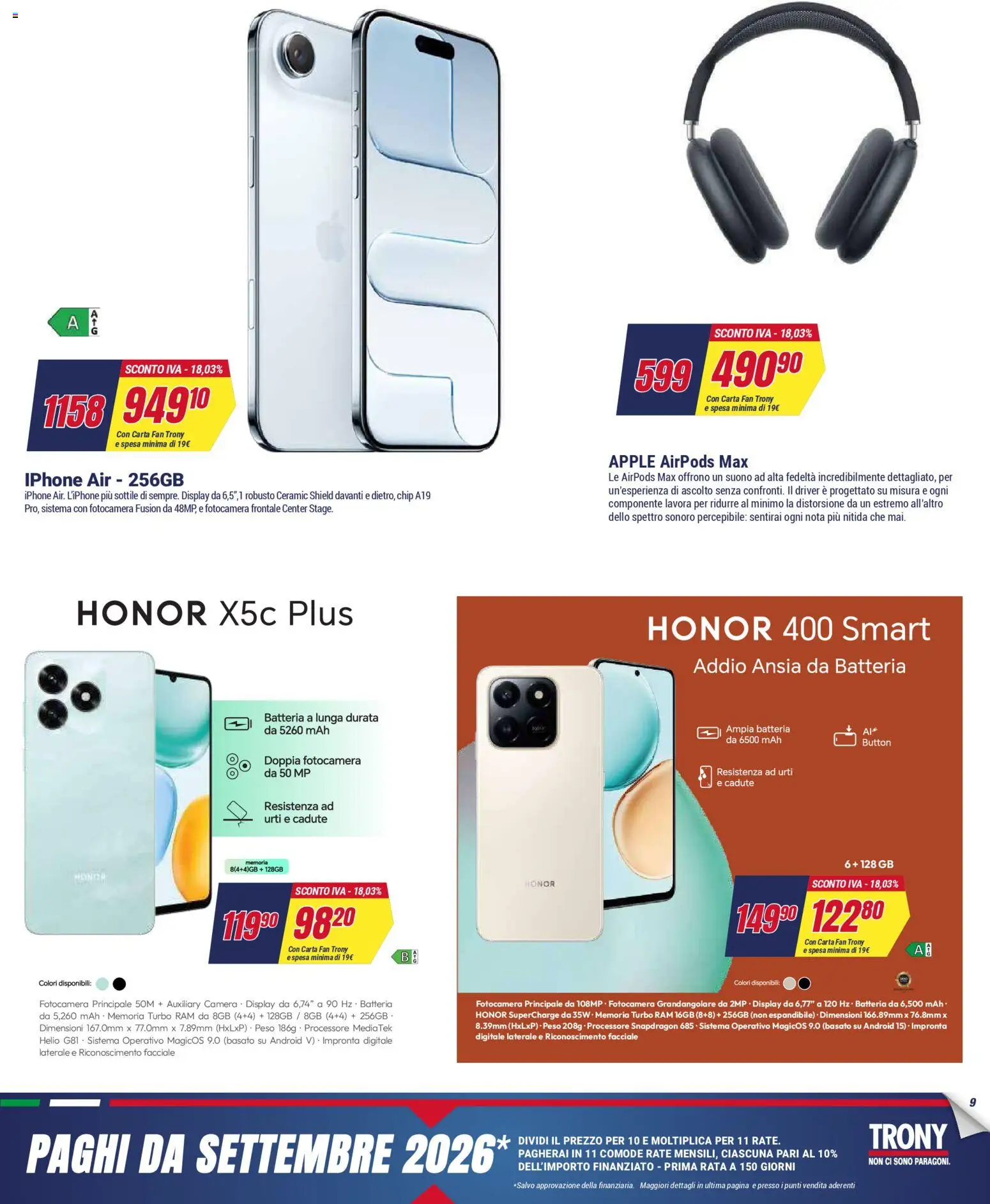 Volantino Trony del 02.04.2026 | Pagina: 9 | Prodotti: Iphone, Fan, Airpods, Batteria