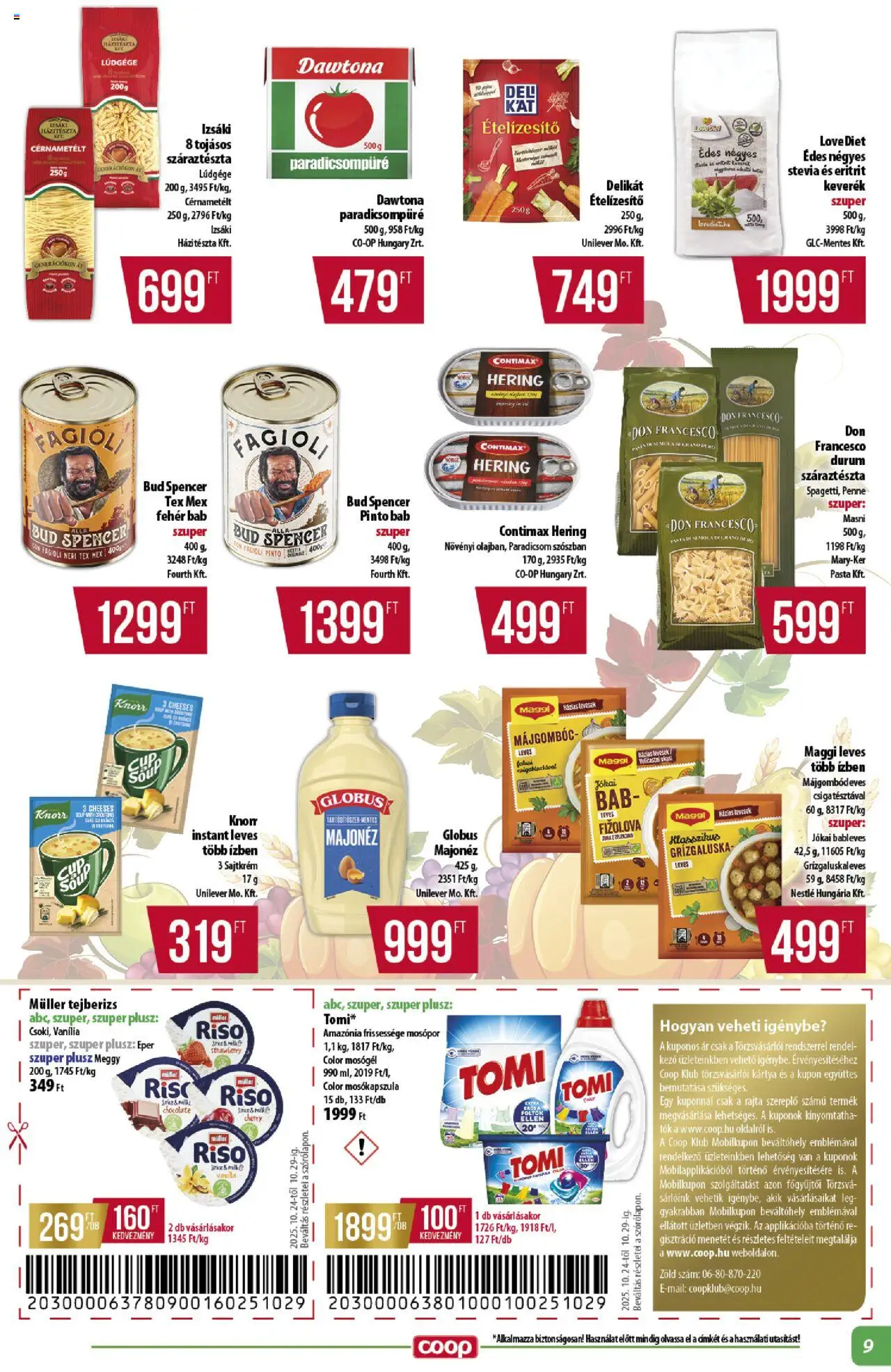 COOP akciós ujság - amely érvényes a következő dátumtól: 24.10.2025 | Oldal: 9 | Termékek: Maggi, Paradicsom, Mosópor, Száraztészta
