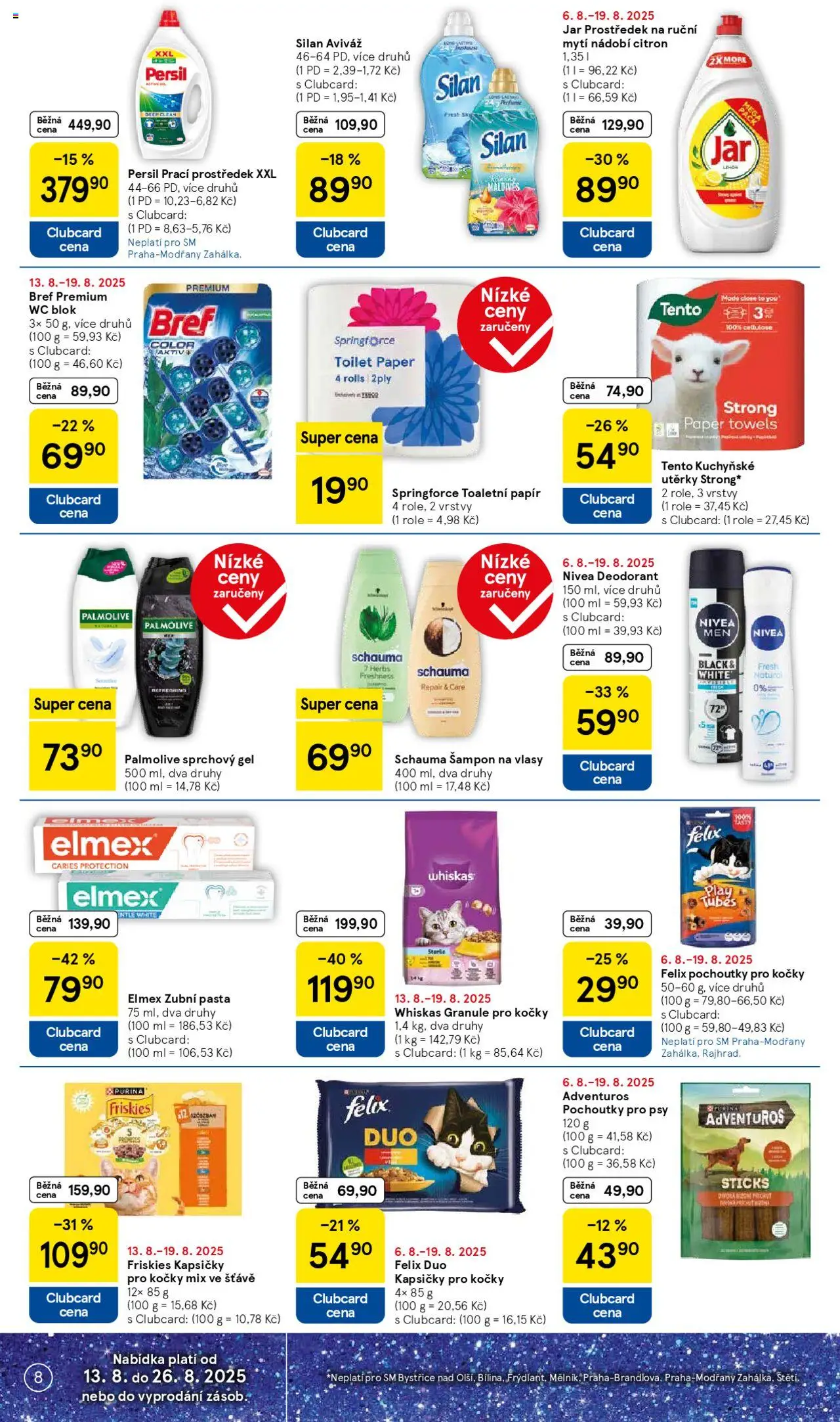 Tesco leták - Supermarket od 13.08.2025 | Strana: 8 | Produkty: Zubní pasta, Prací prostředek, Nivea, Kapsičky pro kočky